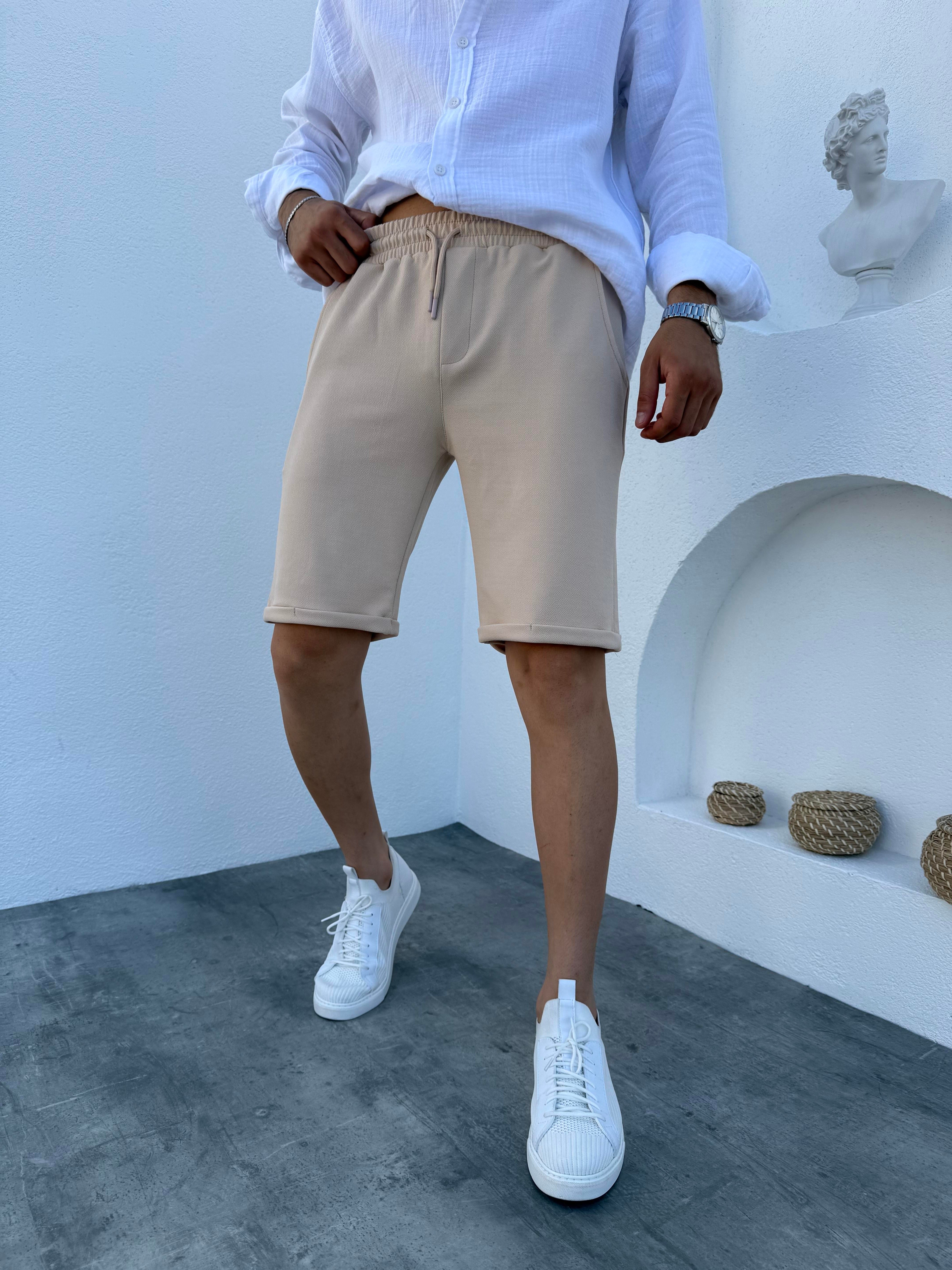 Likralı Krep Şort Bej