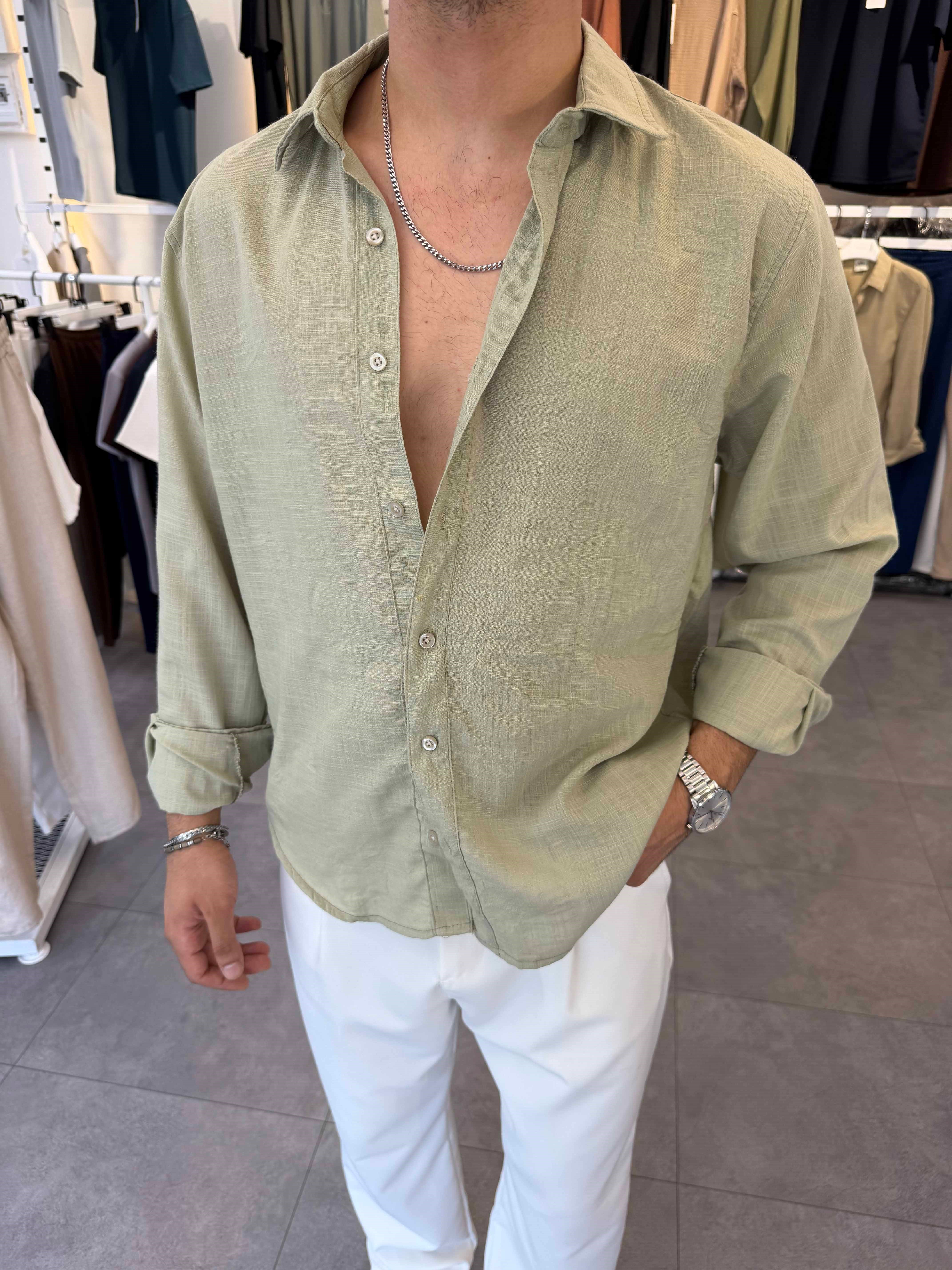 Oversize Flamlı Keten Gömlek Haki