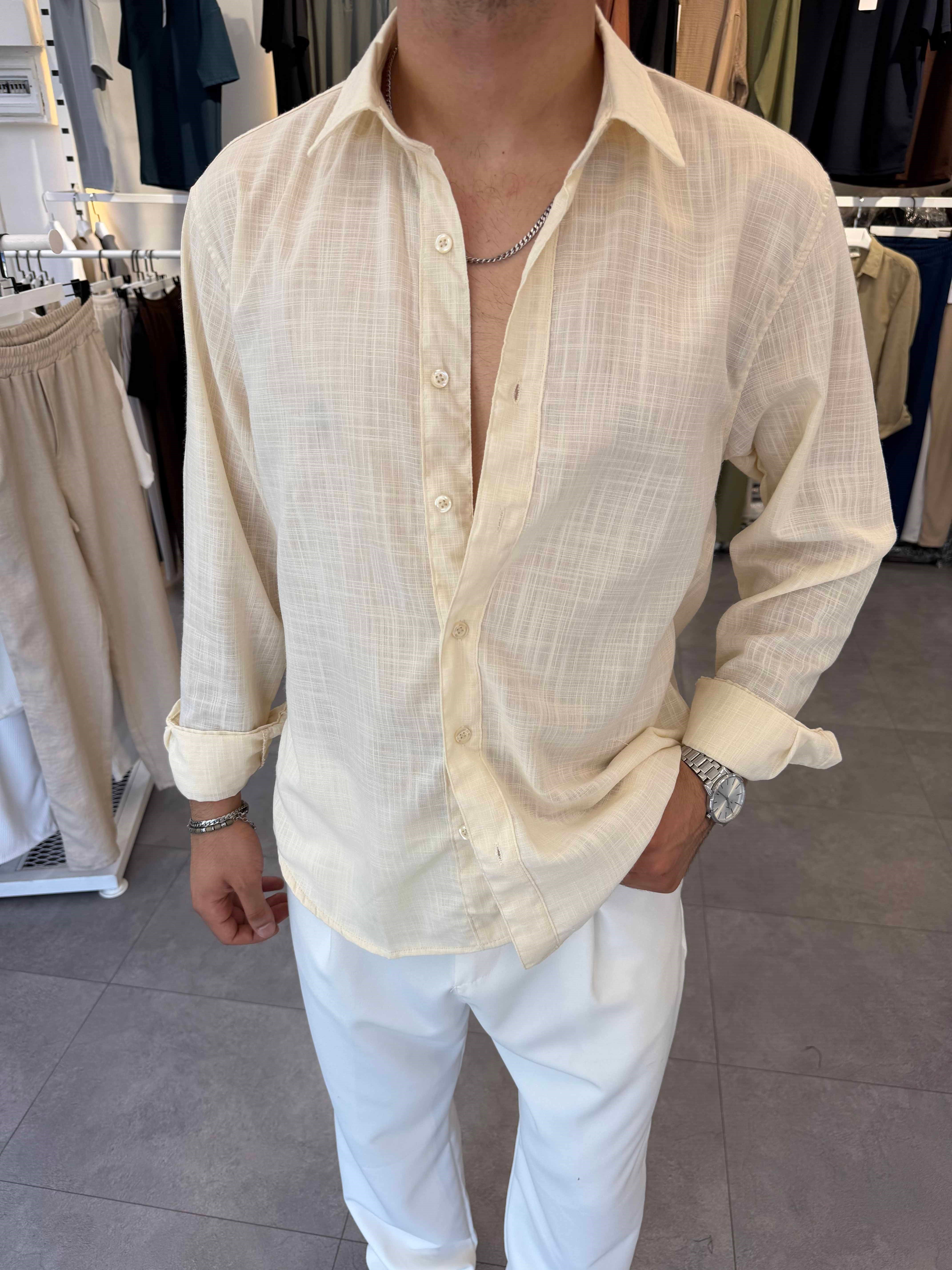 Oversize Flamlı Keten Gömlek Krem