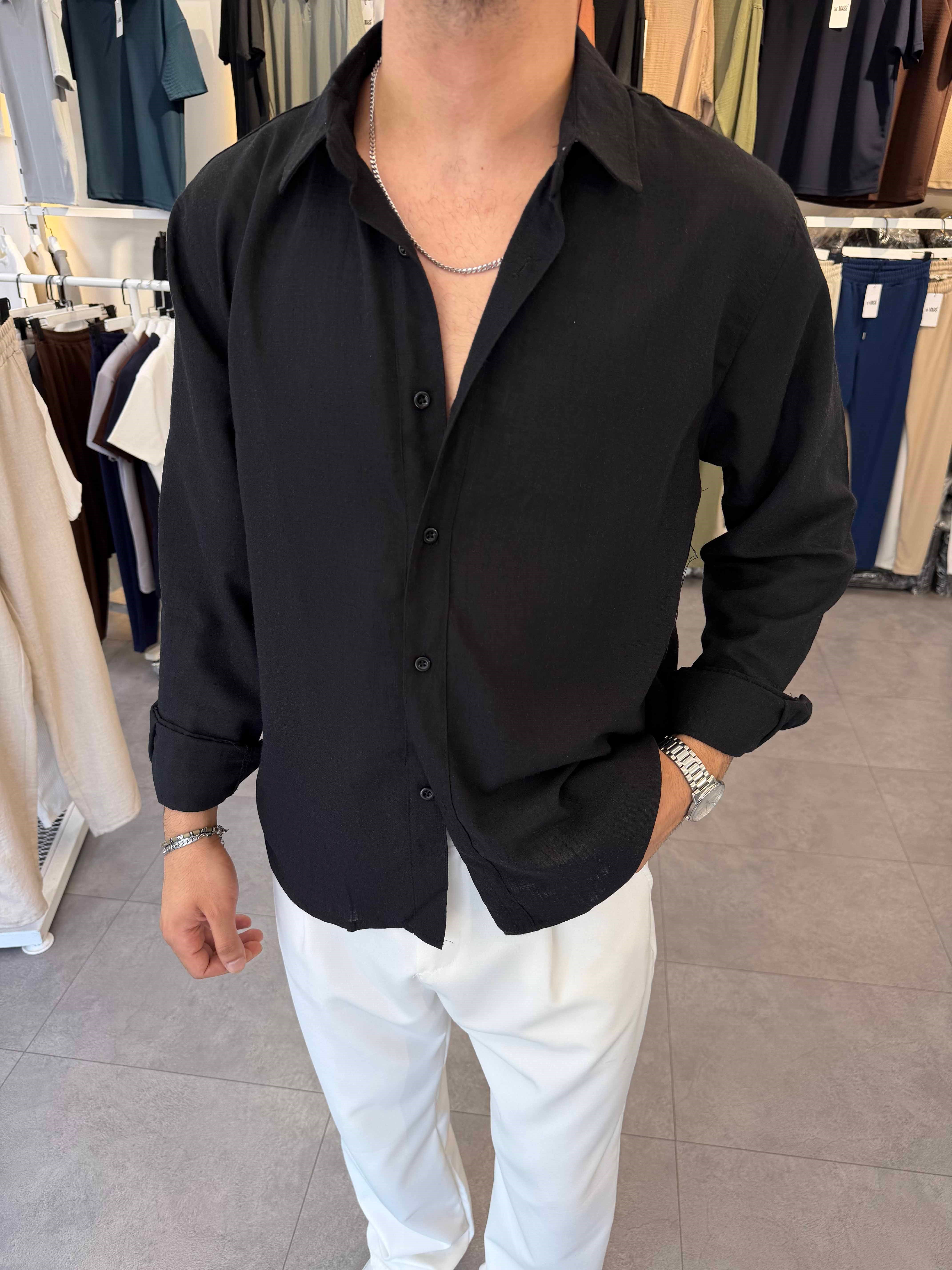 Oversize Flamlı Keten Gömlek Siyah