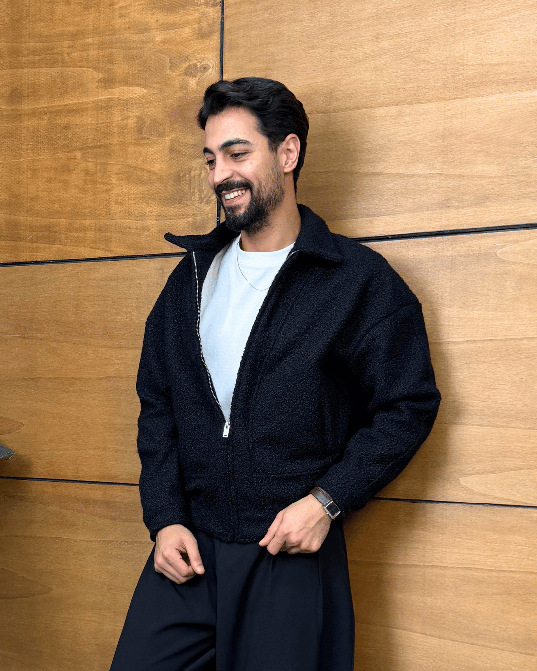 Oversize Kalıp Buklet Örme Ceket Siyah