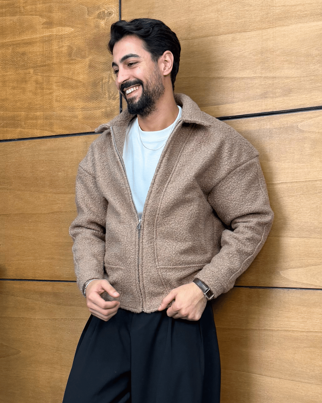 Oversize Kalıp Buklet Örme Ceket Vizon