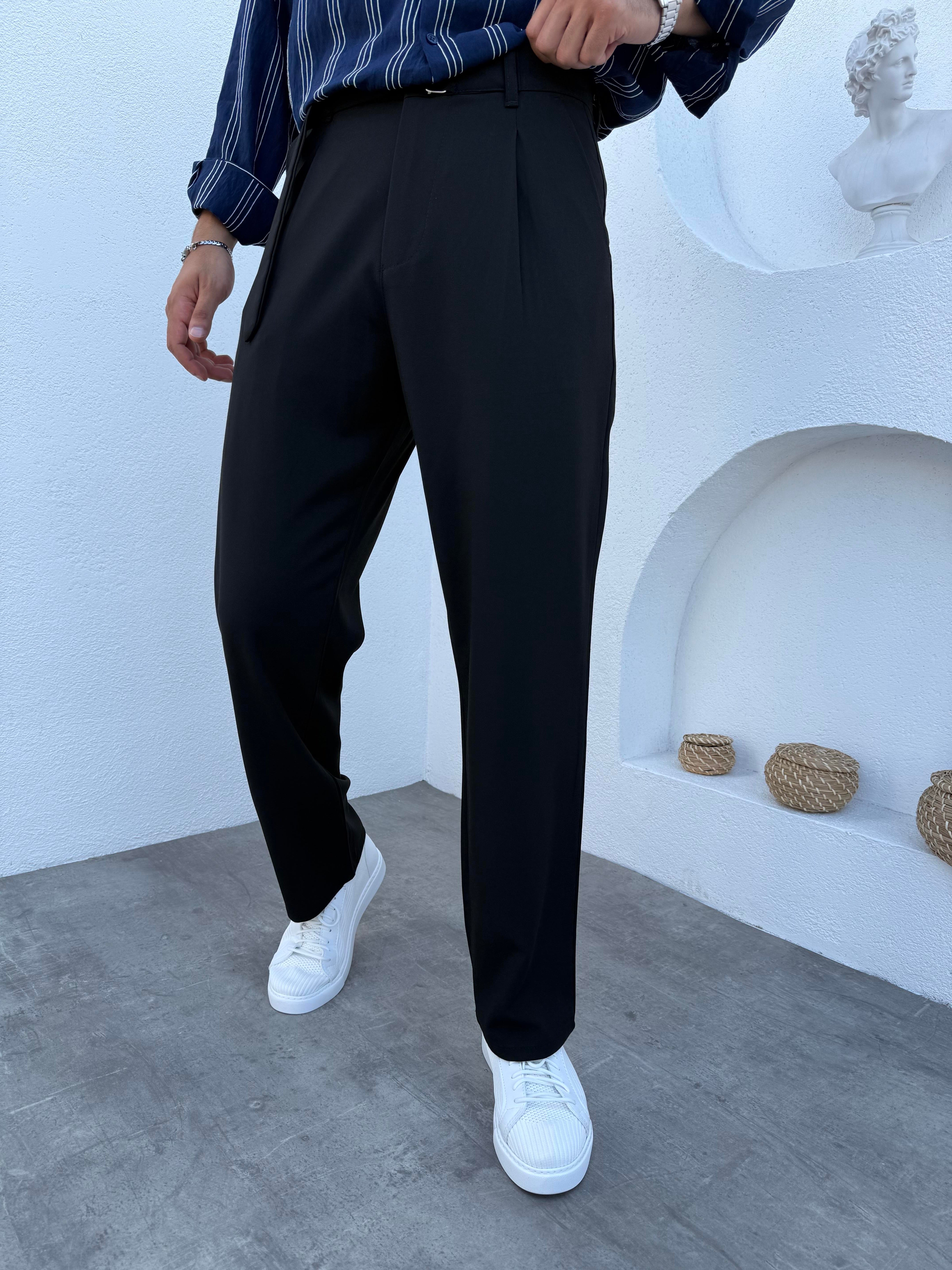 Pile Detaylı Kemerli Baggy Kumaş Pantolon Siyah · 2