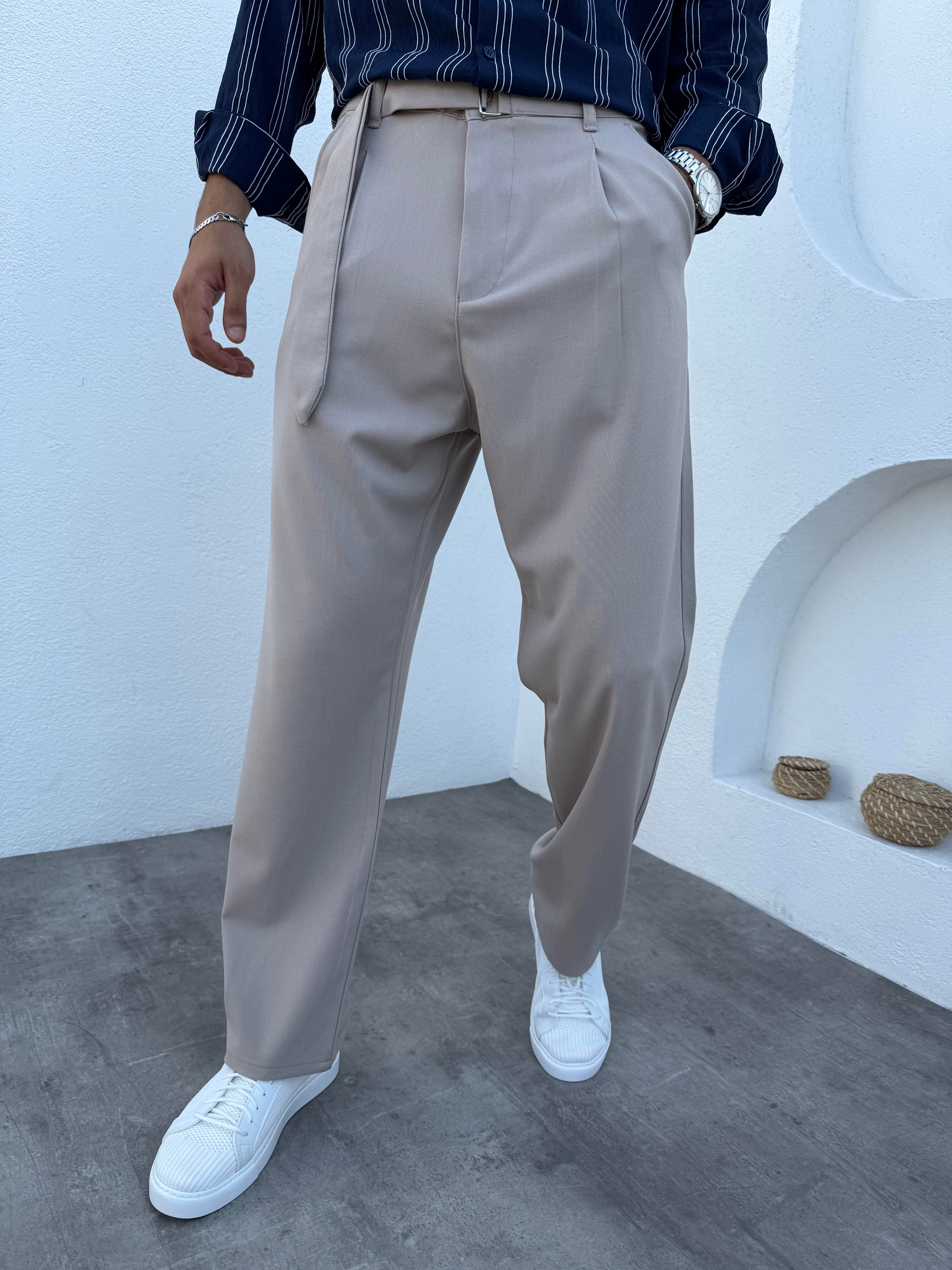 Pile Detaylı Kemerli Baggy Kumaş Pantolon Bej