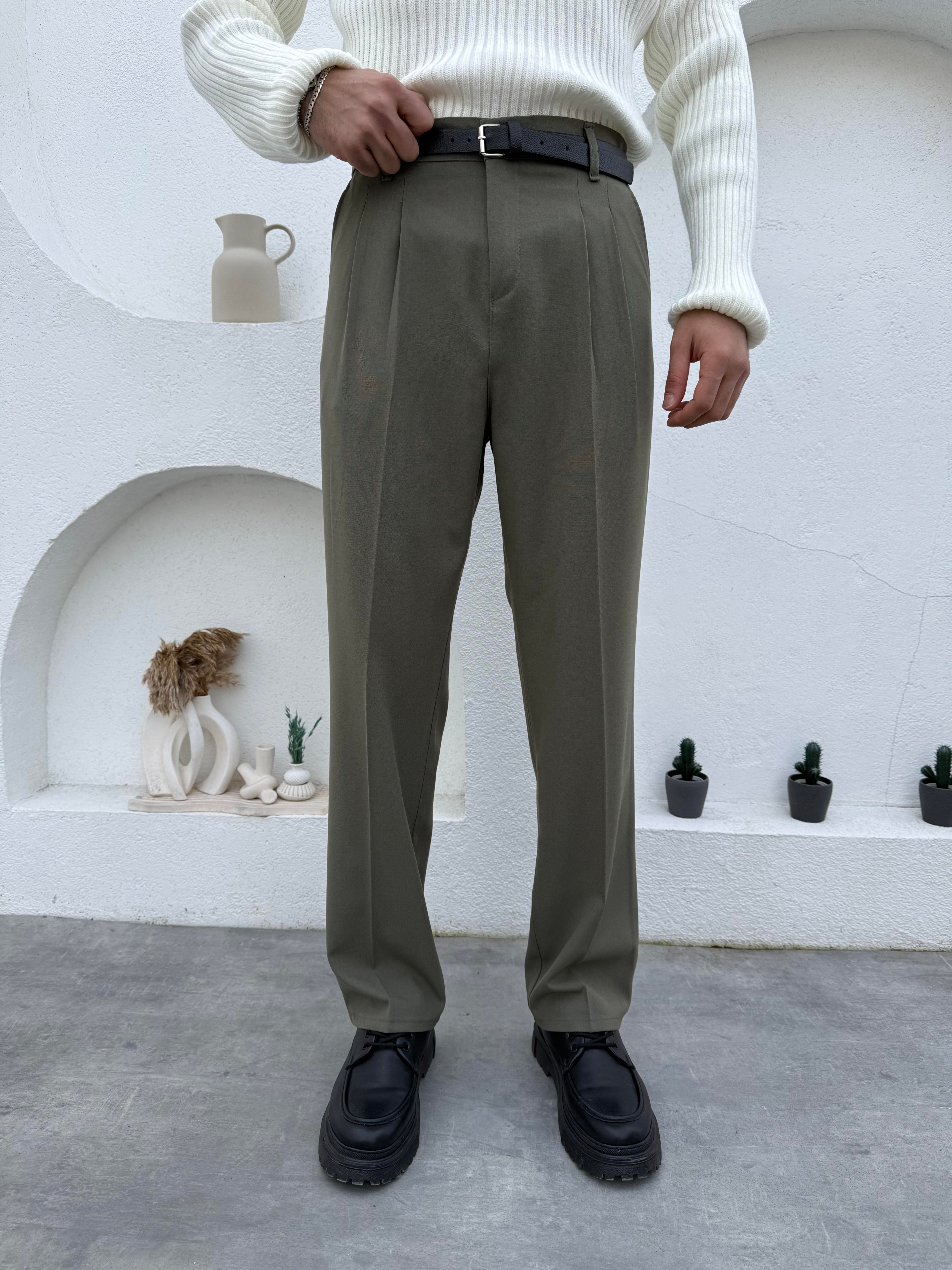 Pileli Baggy Kumaş Pantolon Yeşil