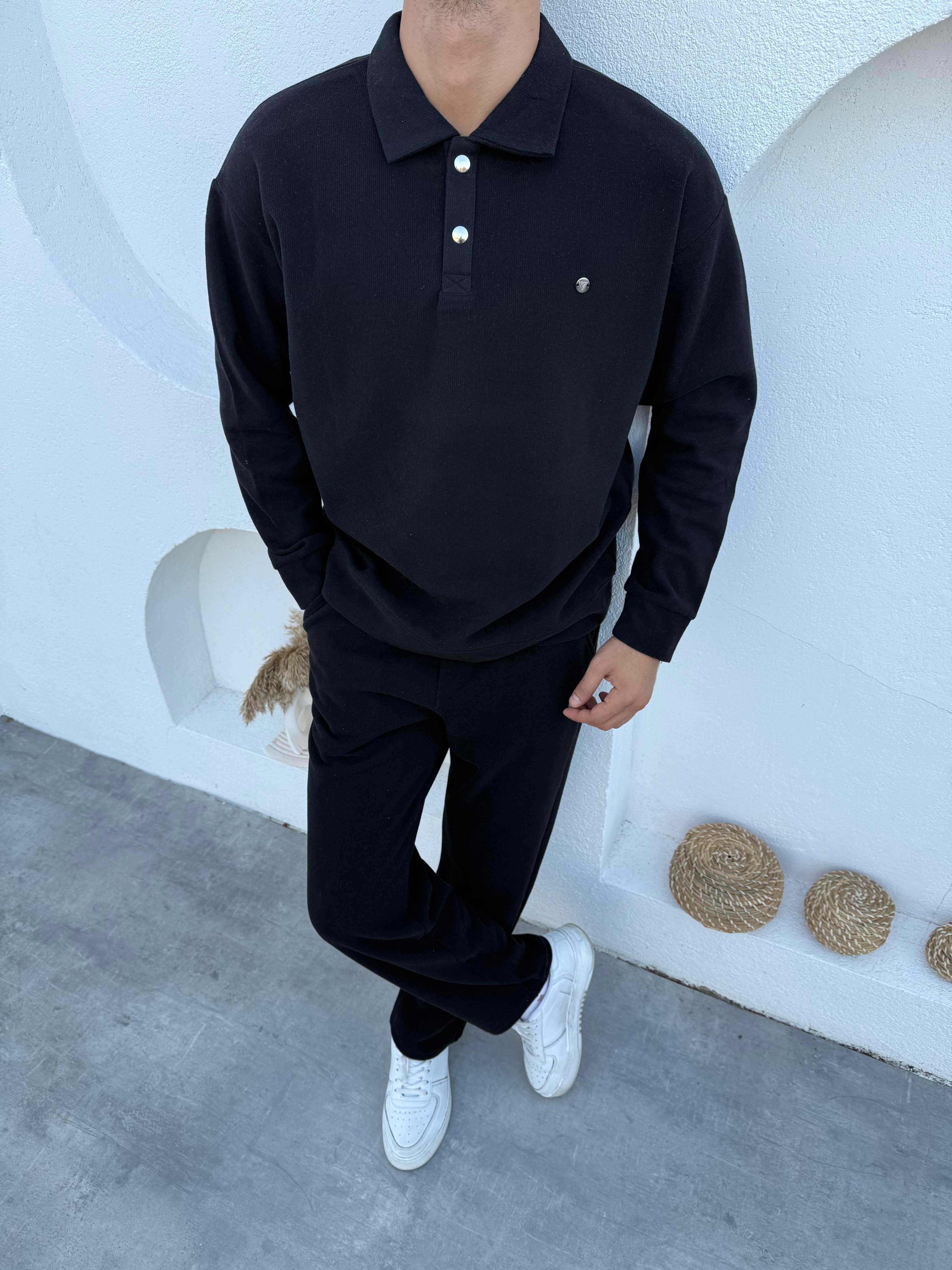 Polo Yaka Oversize Takım Siyah