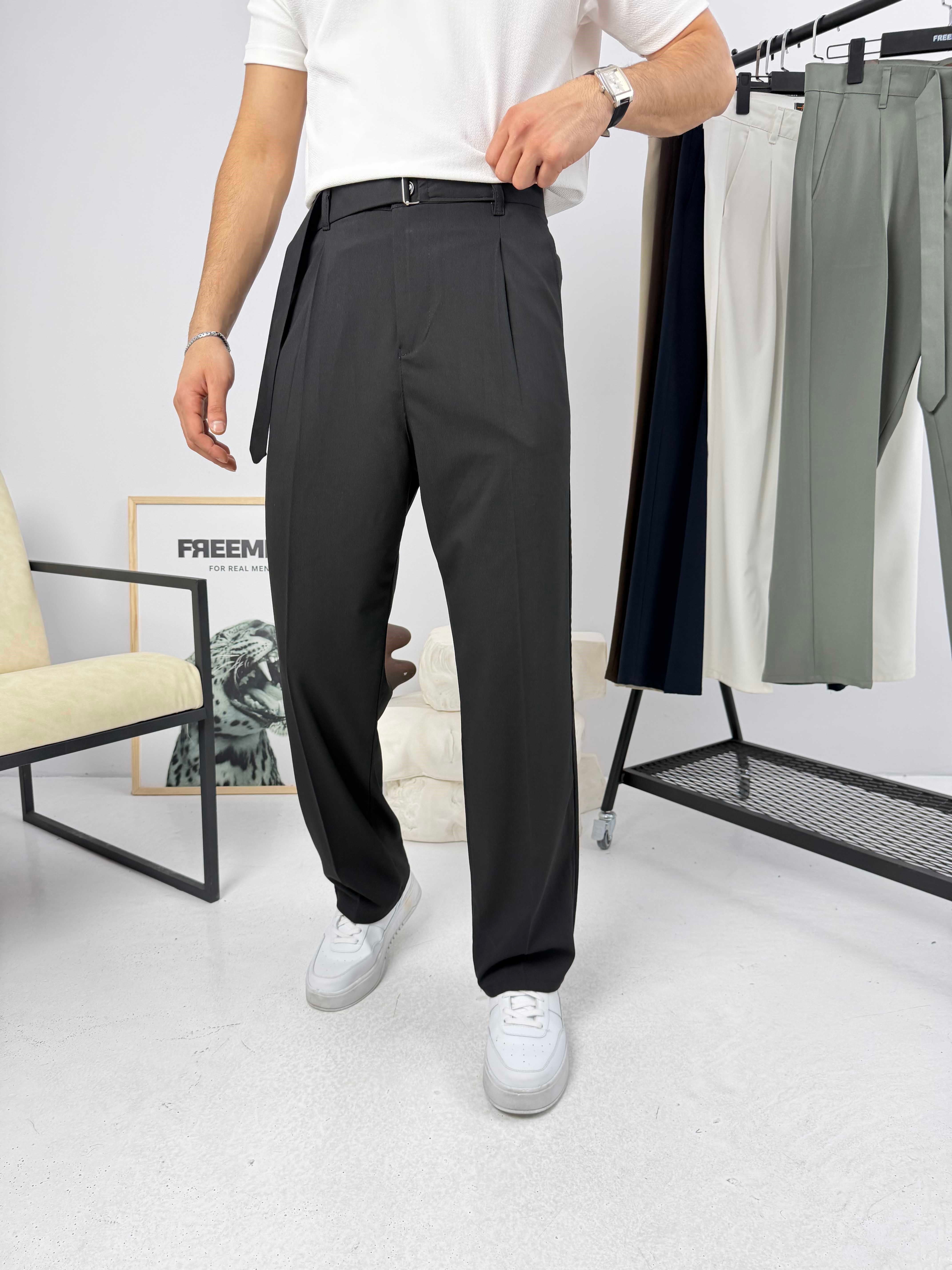 Premium Kemerli Baggy Kumaş Pantolon Siyah · 2