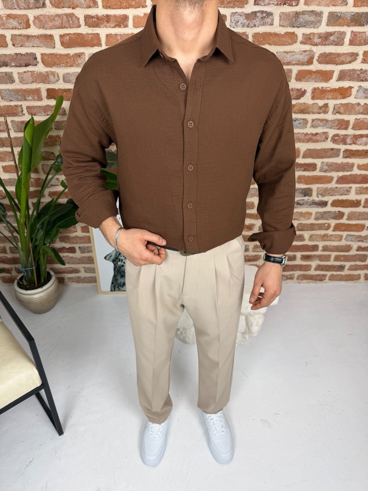 Premium Oversize Müslim Keten Gömlek Kahve