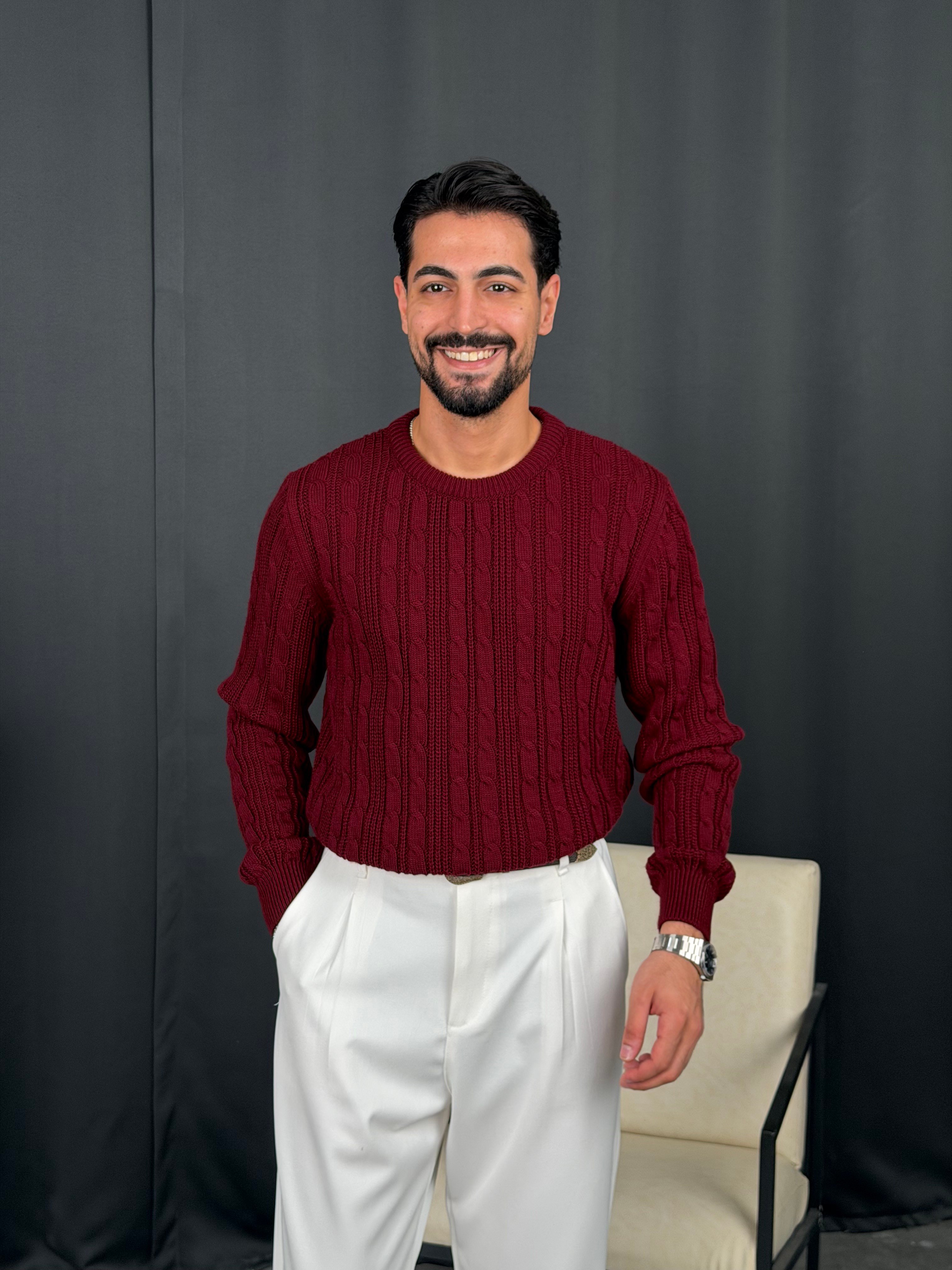 Saç Örgü Regular Triko Kazak Bordo