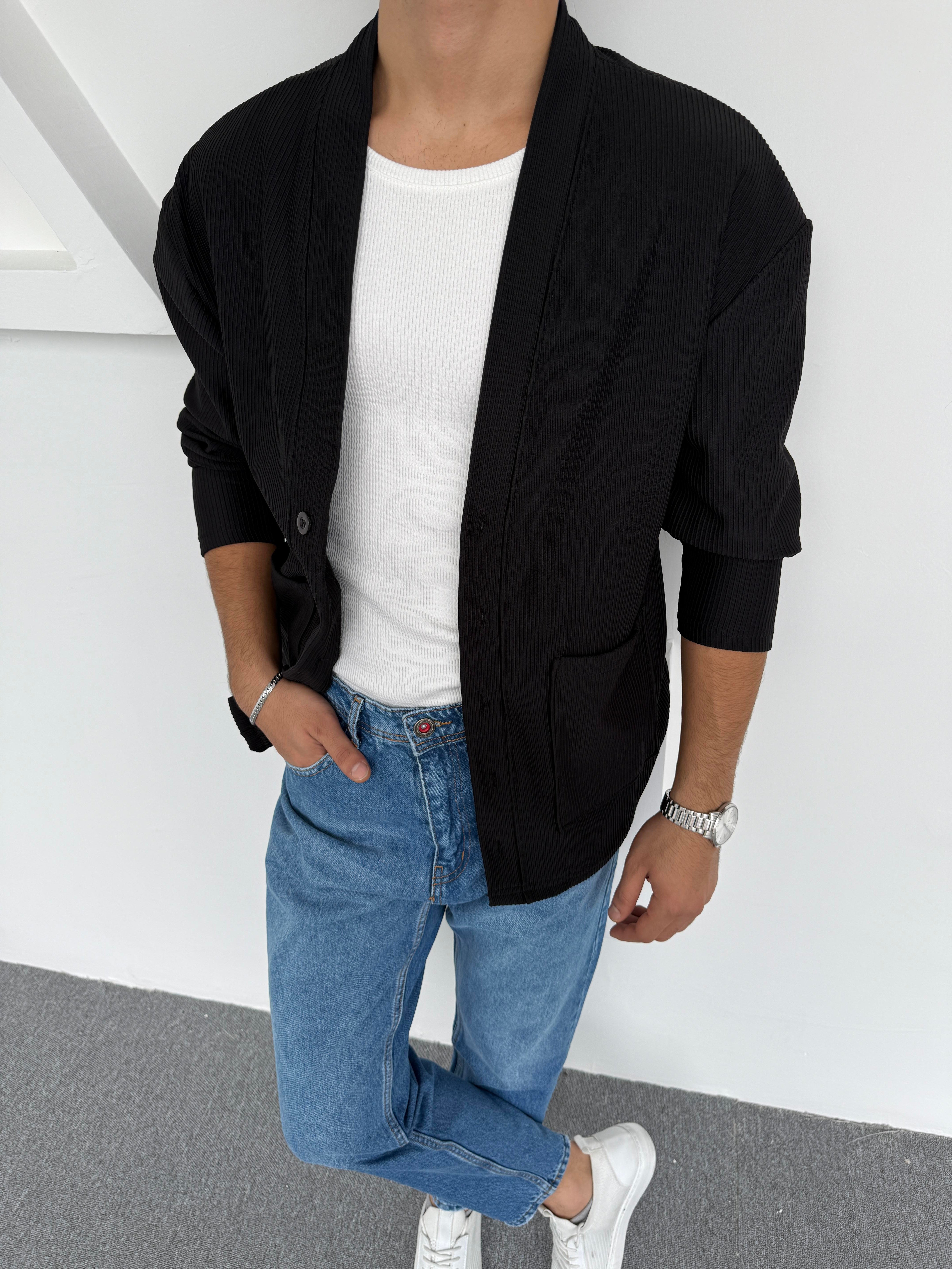 Şardonlu Ottoman Kumaş Oversize Hırka Siyah · 3