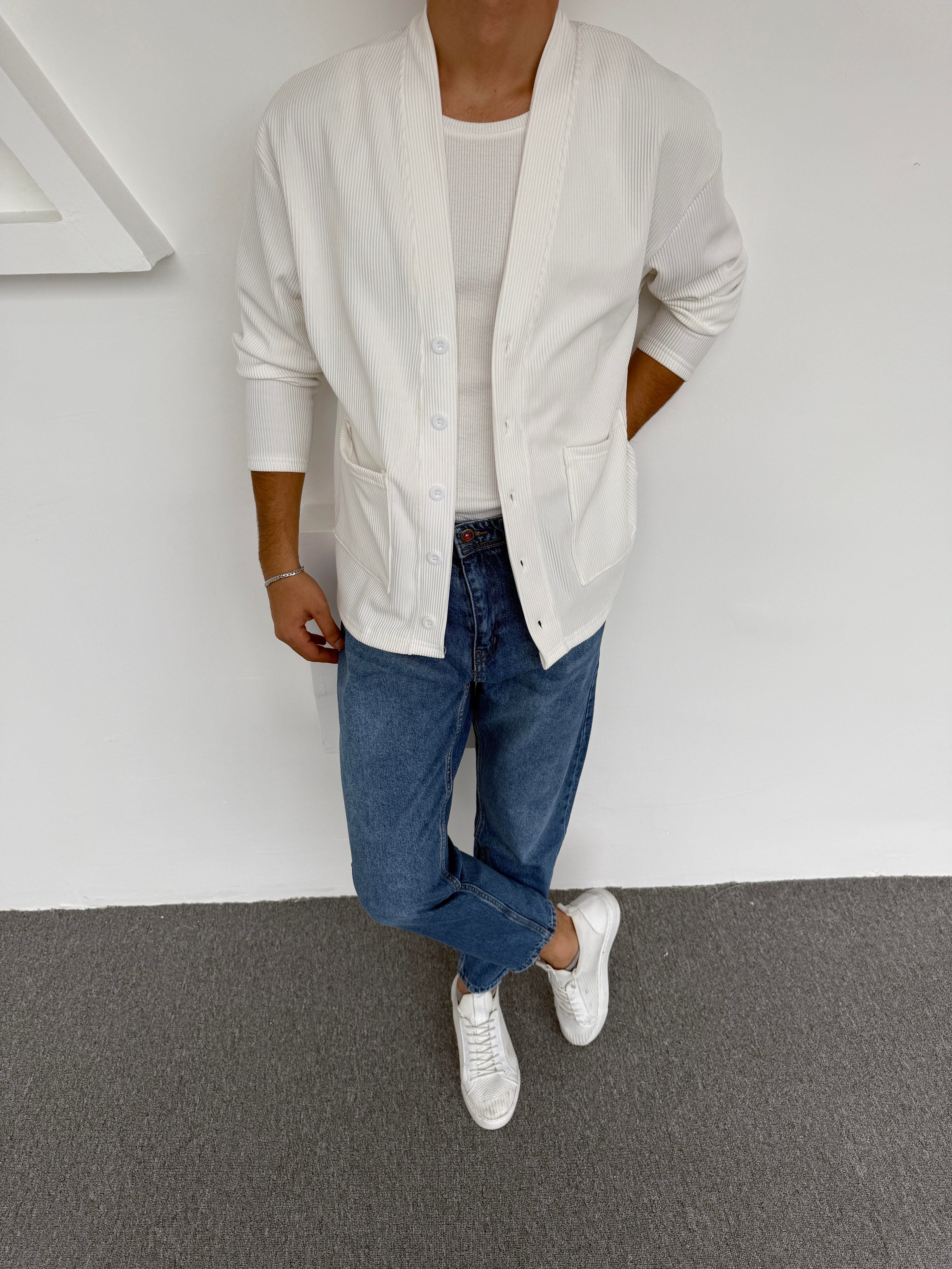 Şardonlu Ottoman Kumaş Oversize Hırka Beyaz · 2