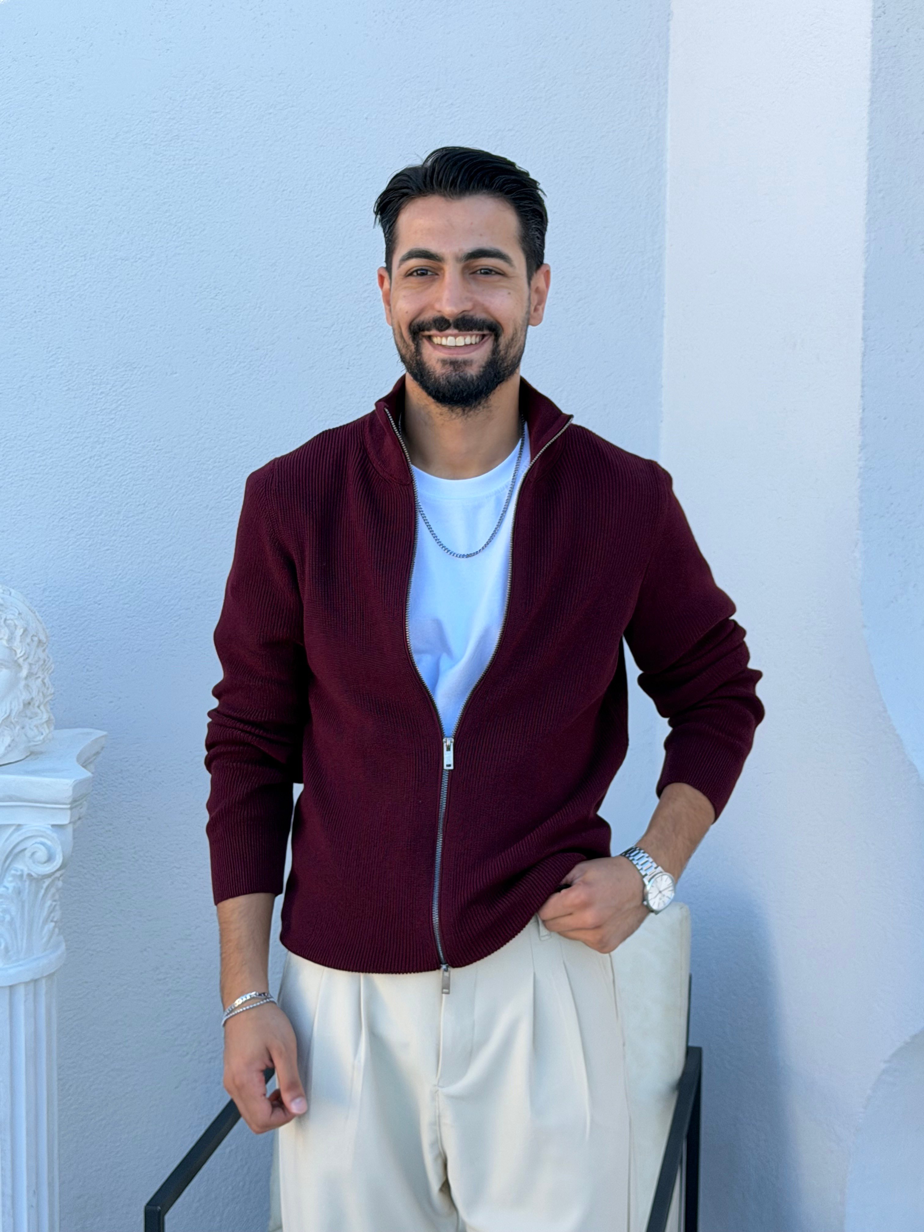 Selanik Çelik Örgü Çift Fermuar Hırka Bordo