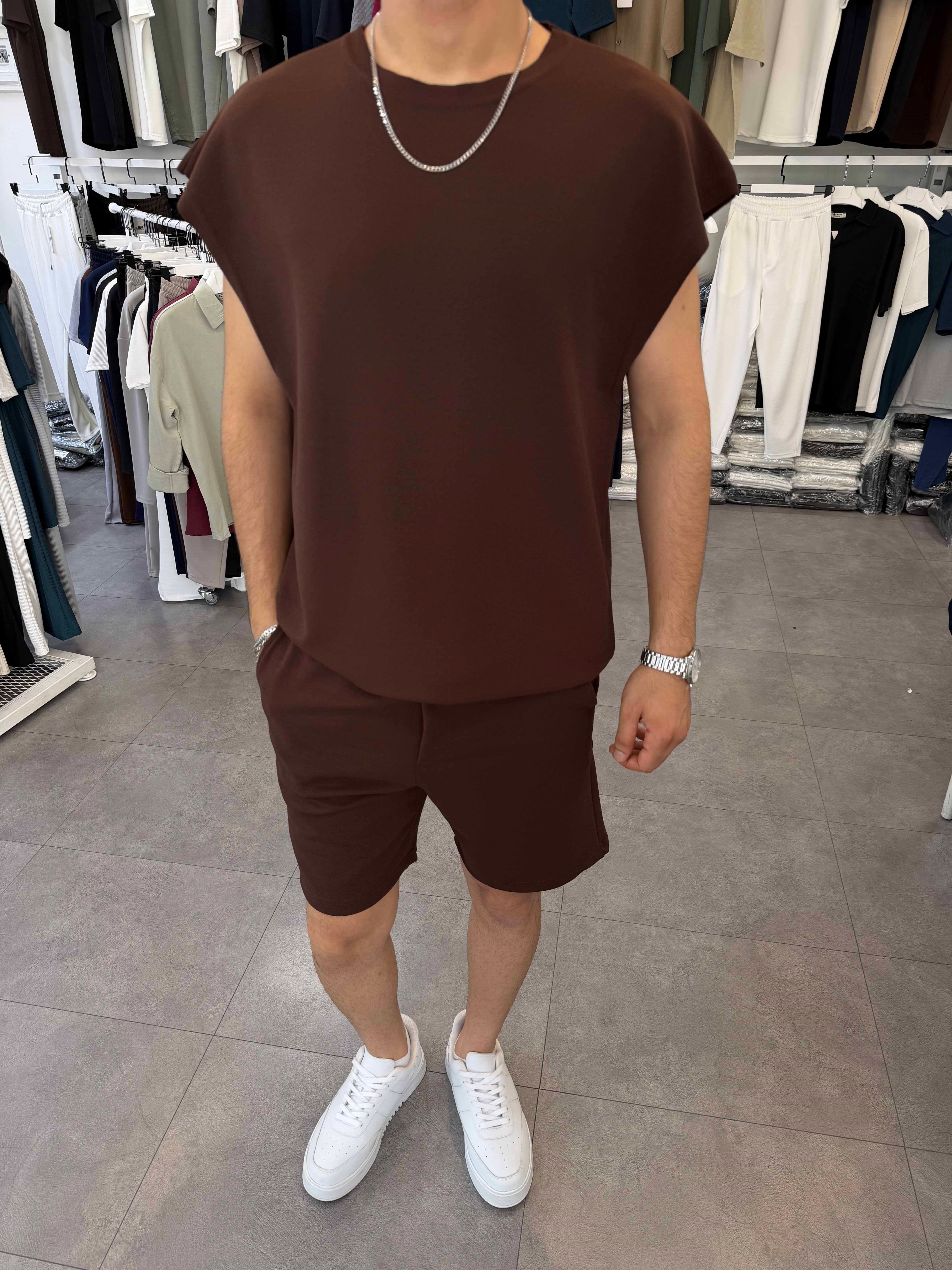 Sıfırkol Şortlu Oversize Takım Kahve