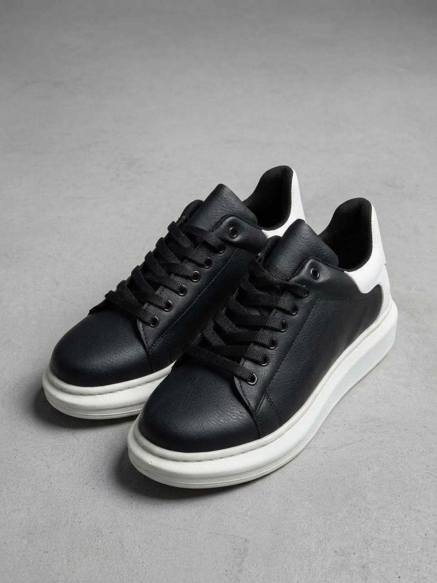 Siyah Beyaz Topuk Detaylı Kalın Taban Erkek Sneaker