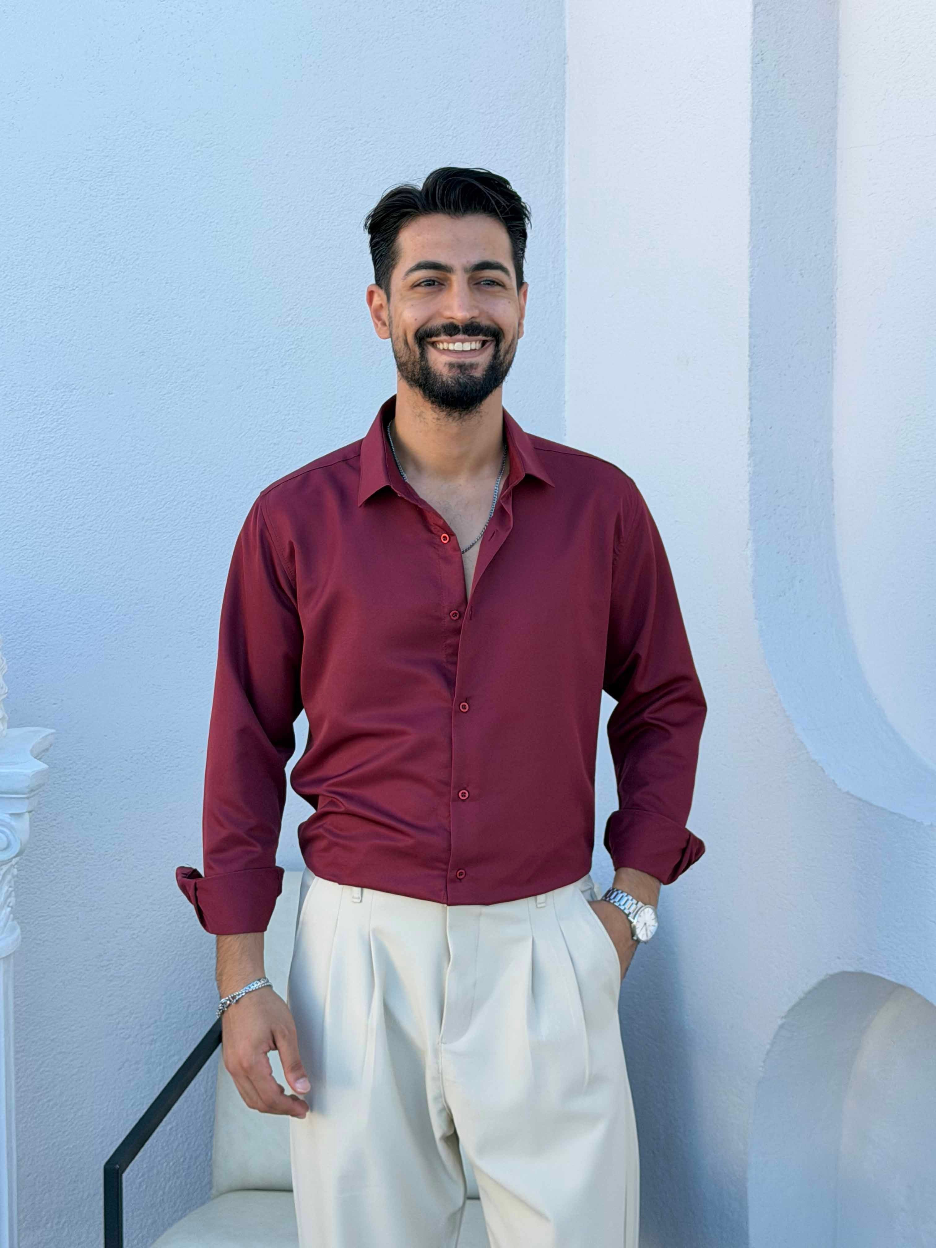 Slimfit Saten Gömlek Bordo