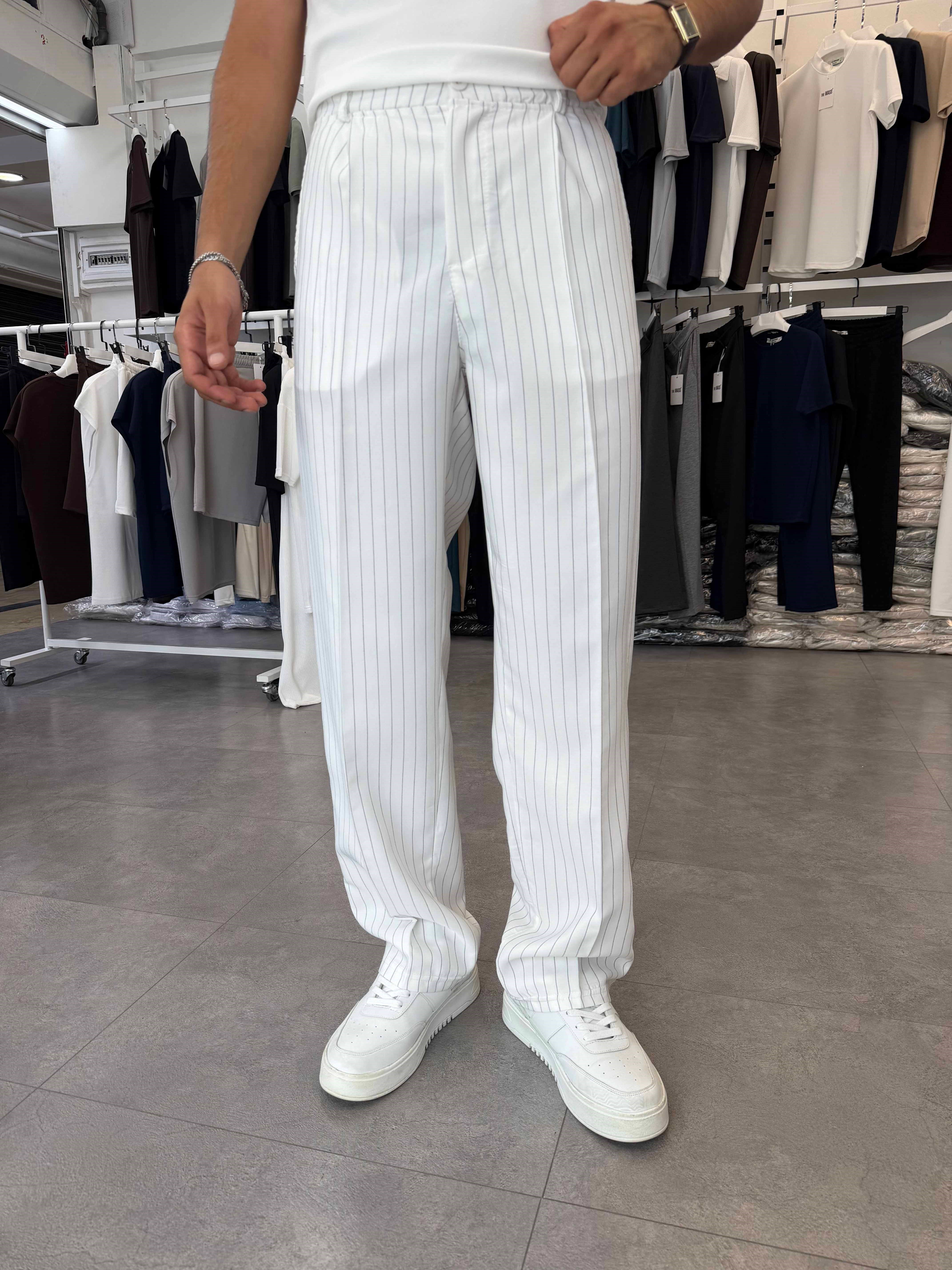 Viskon&Keten Pileli Baggy Pantolon Beyaz