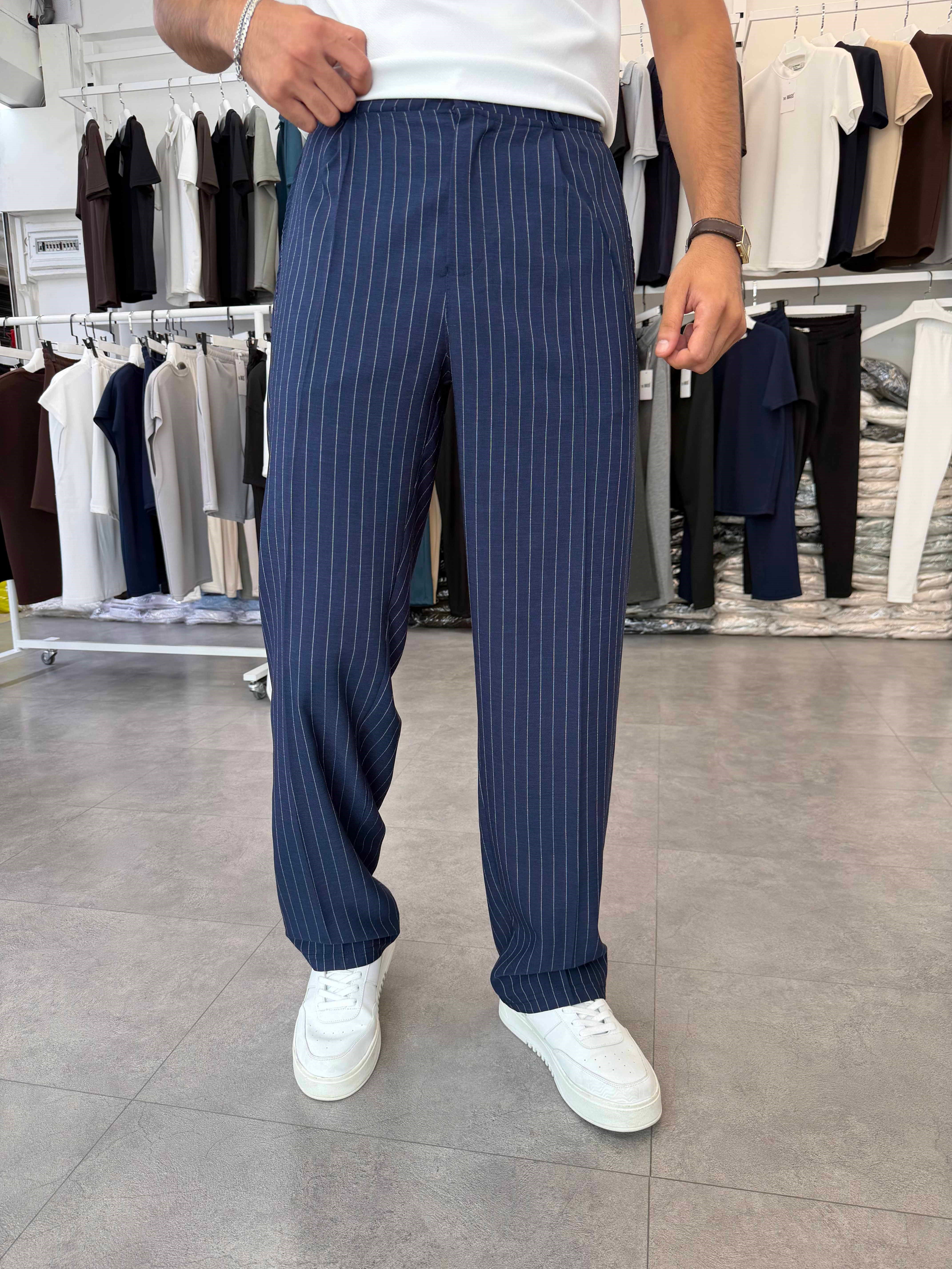 Viskon&Keten Pileli Baggy Pantolon Lacivert