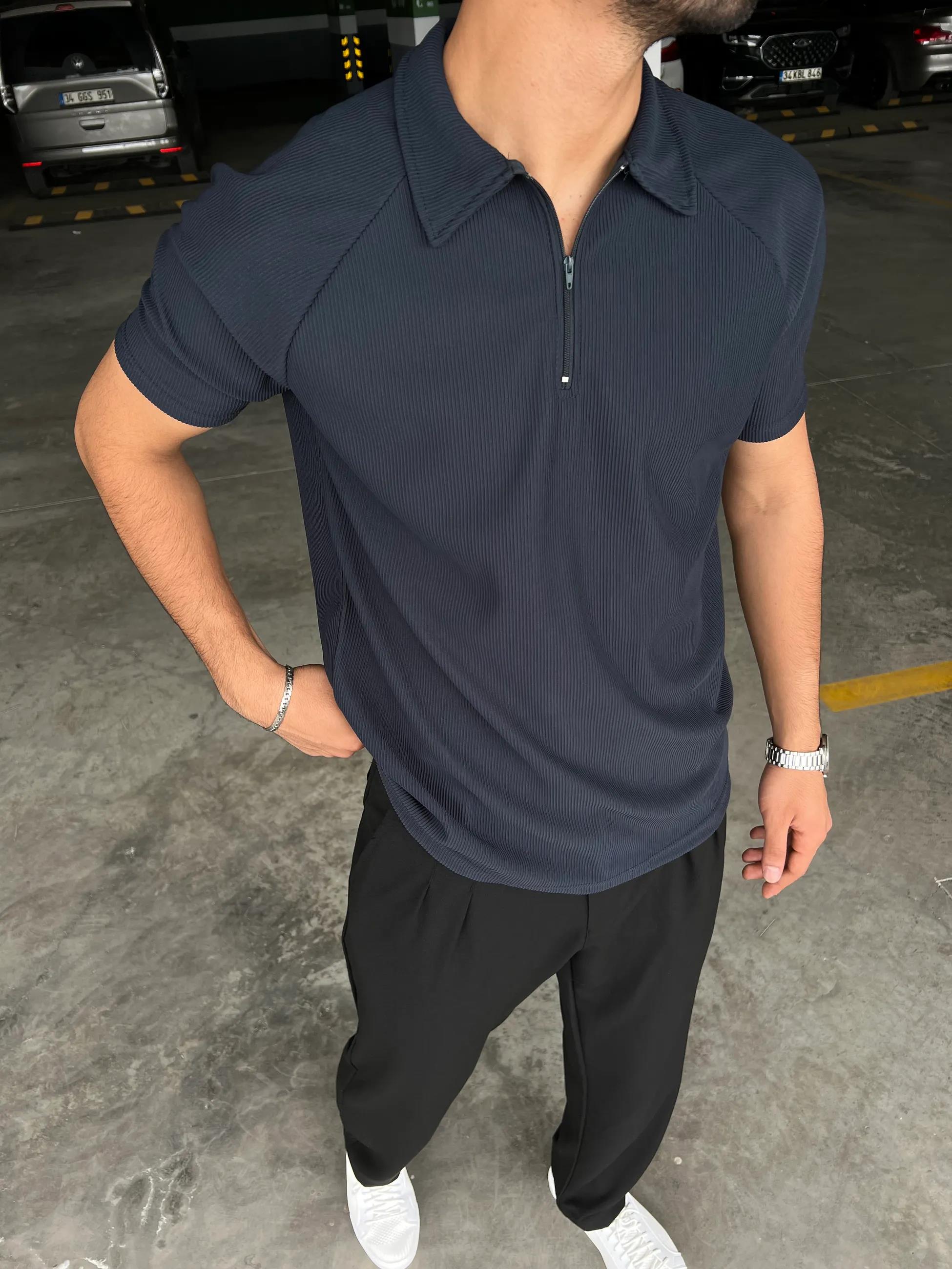 Yarım Fermuar Likralı Oversize Polo Yaka Tişört Petrol Mavi · 4