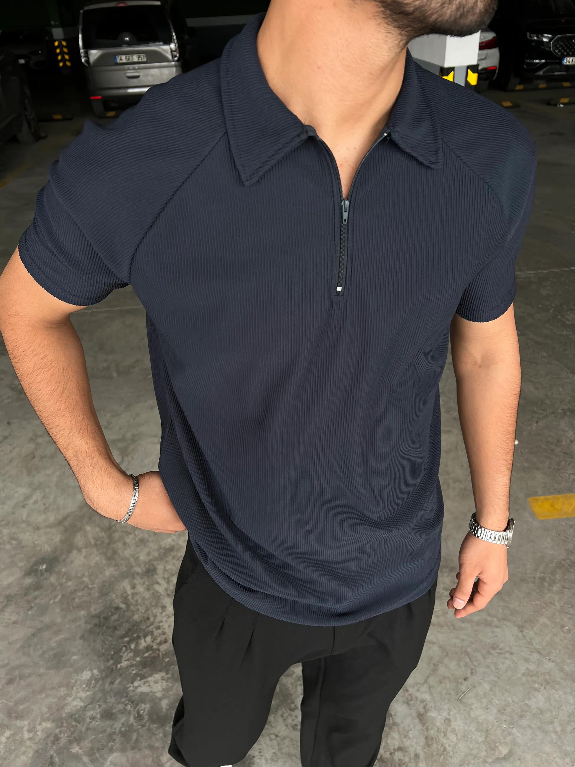 Yarım Fermuar Likralı Oversize Polo Yaka Tişört Petrol Mavi · 15