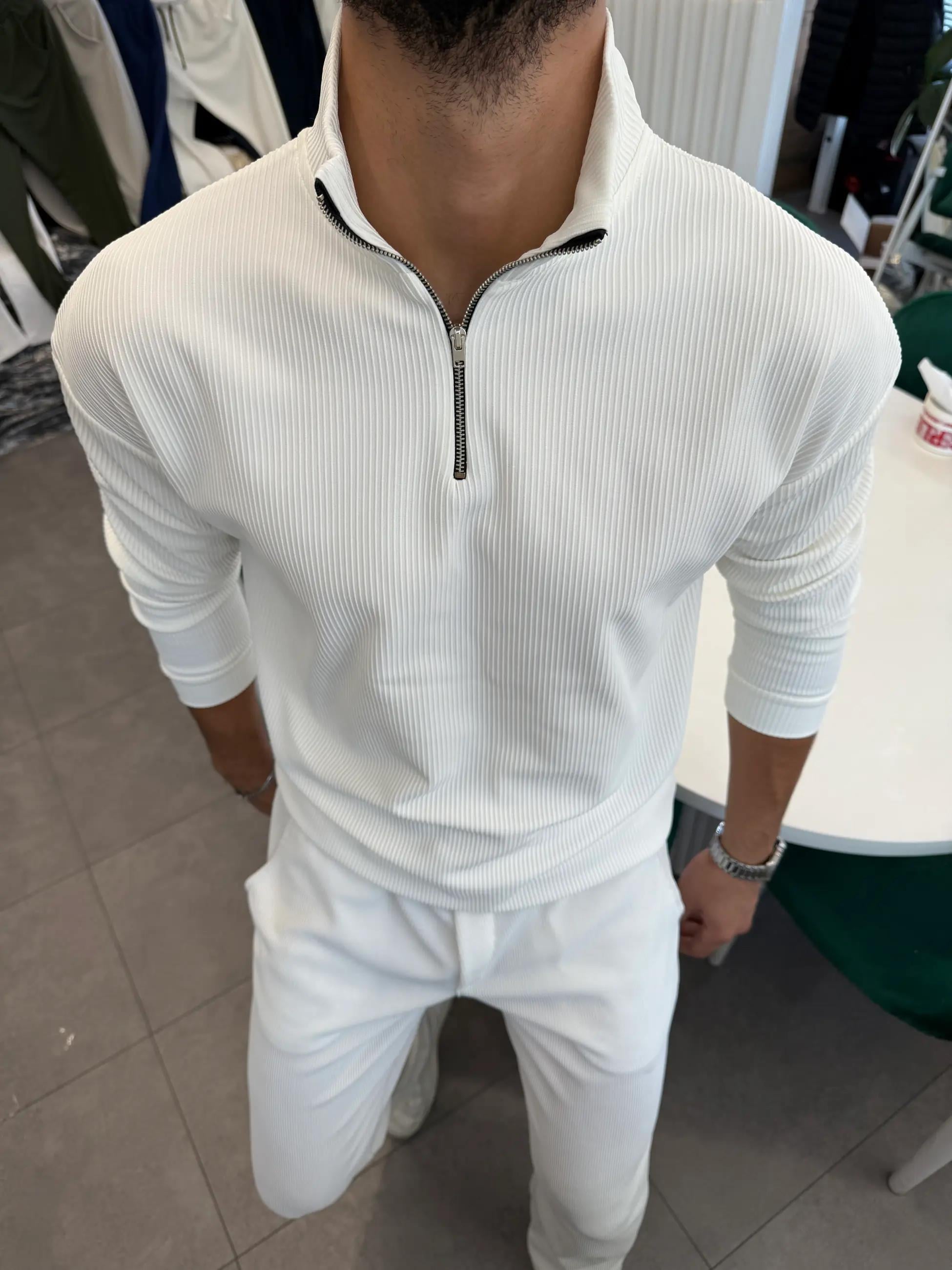 Yarım Fermuar Ottoman Kumaş Şardonlu Sweatshirt Beyaz