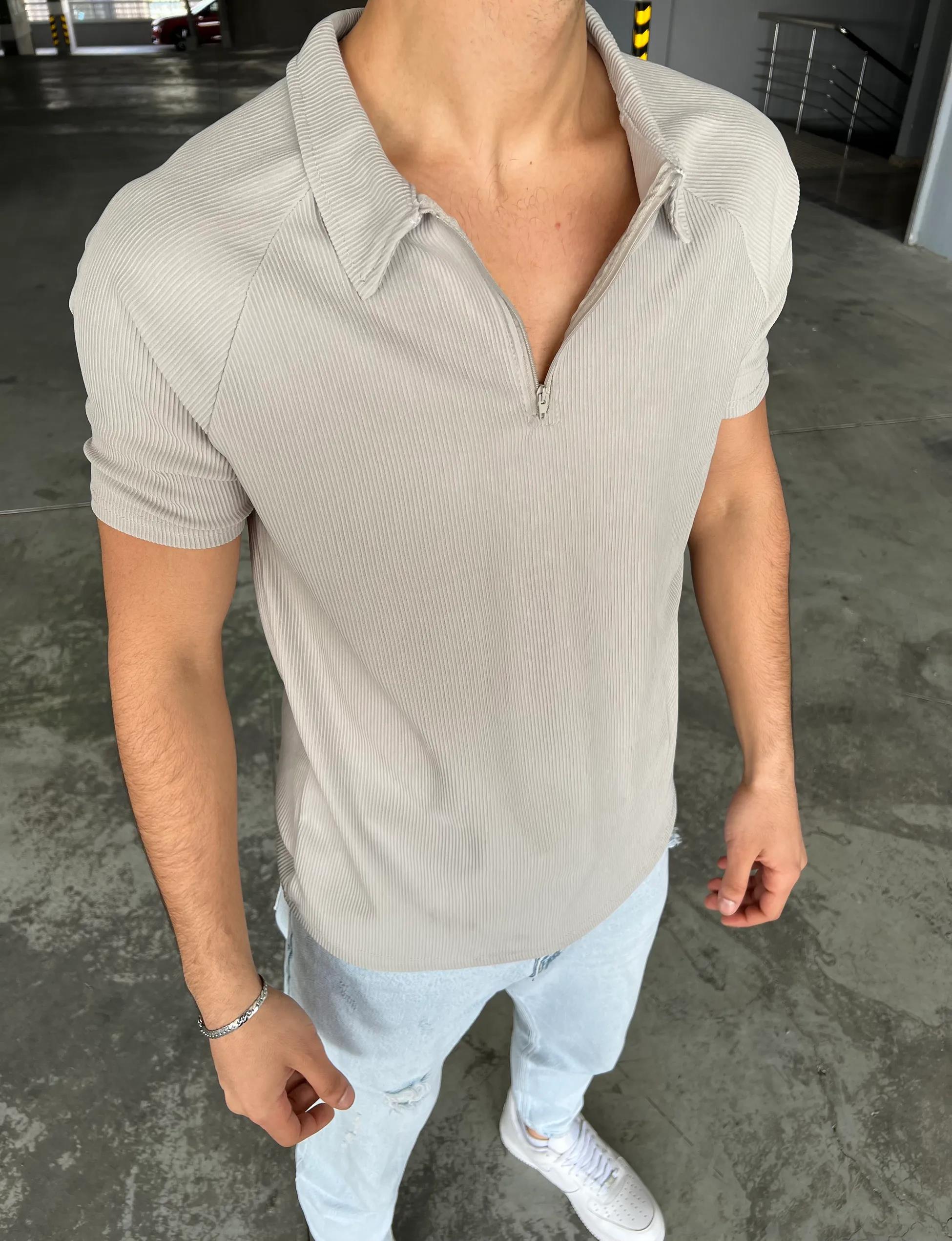 Yarım Fermuar Polo Yaka Ottoman Kumaş Oversize Vizon · 8