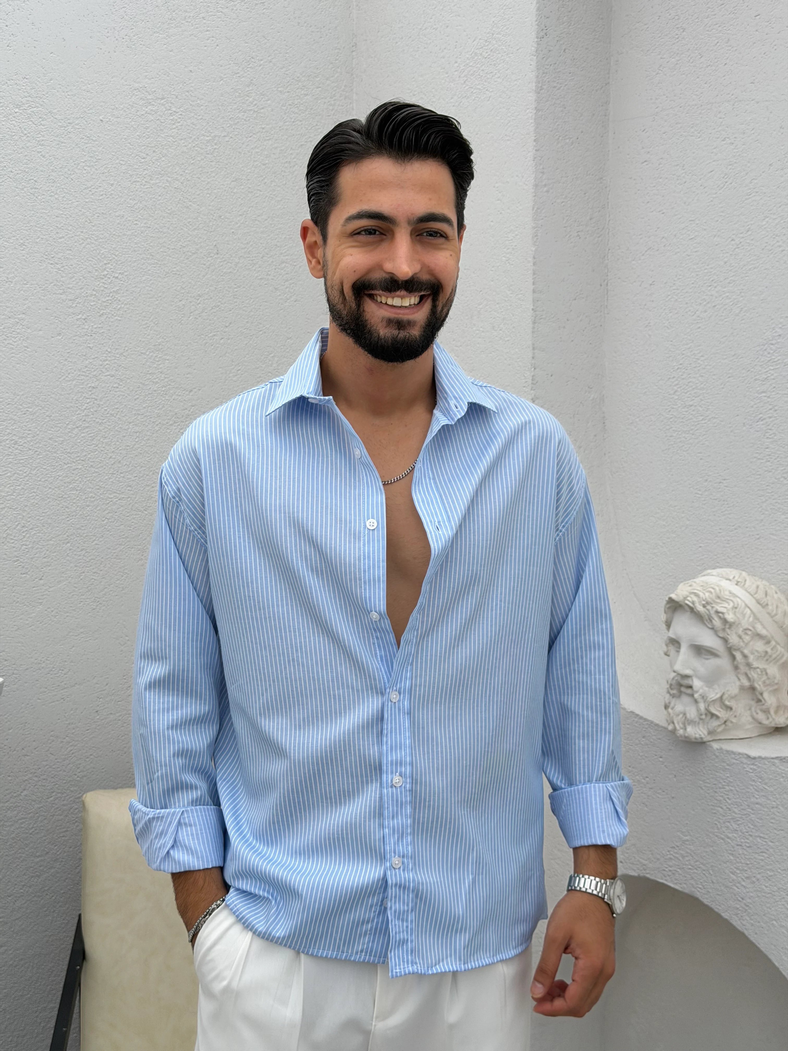 Yarım Oversize Çizgili Gömlek Mavi
