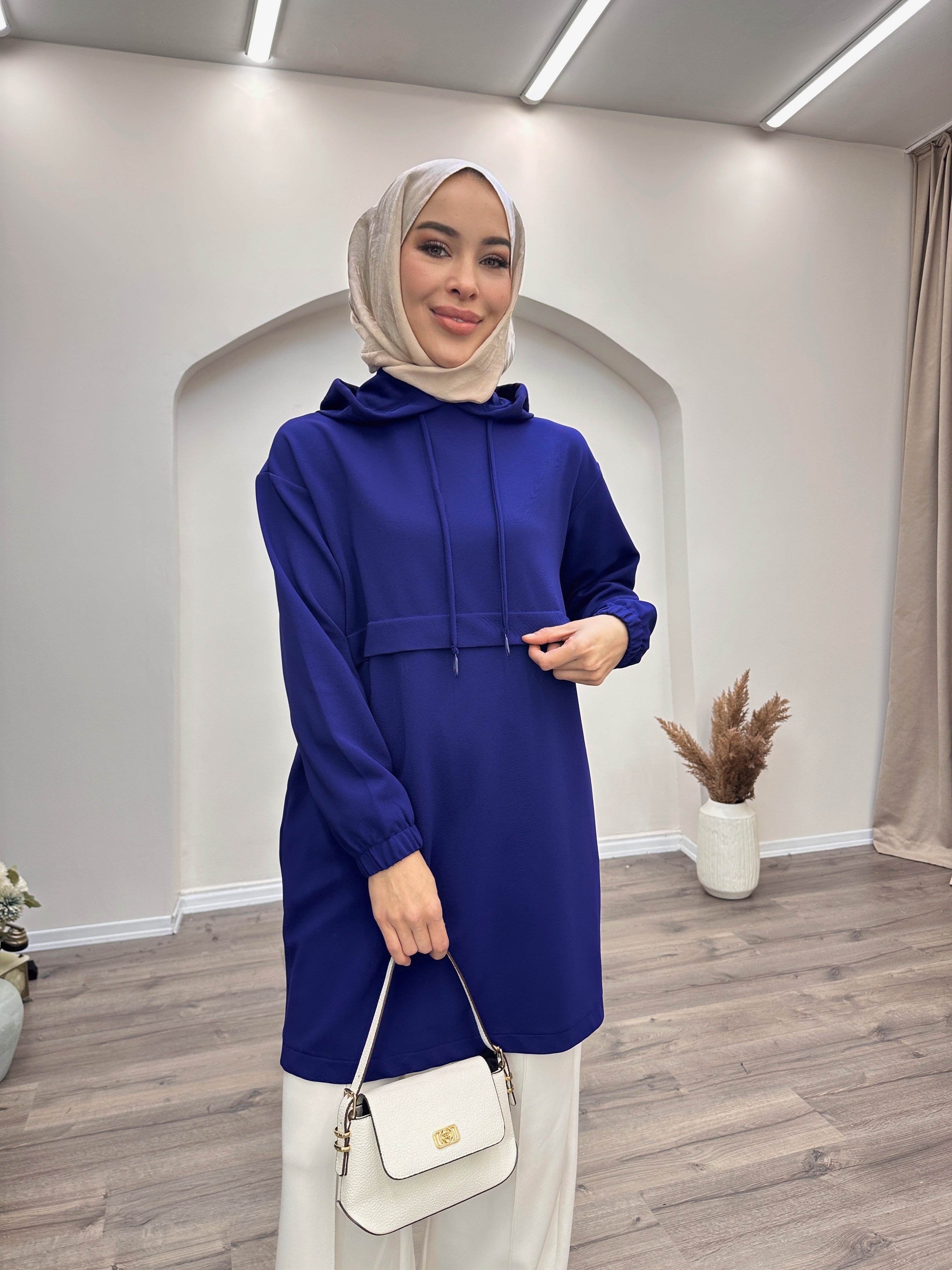 Armine Trend Kapüşonlu Yandan Cepli Kolları Lastikli Fitilli Tunik Saks 25KT462