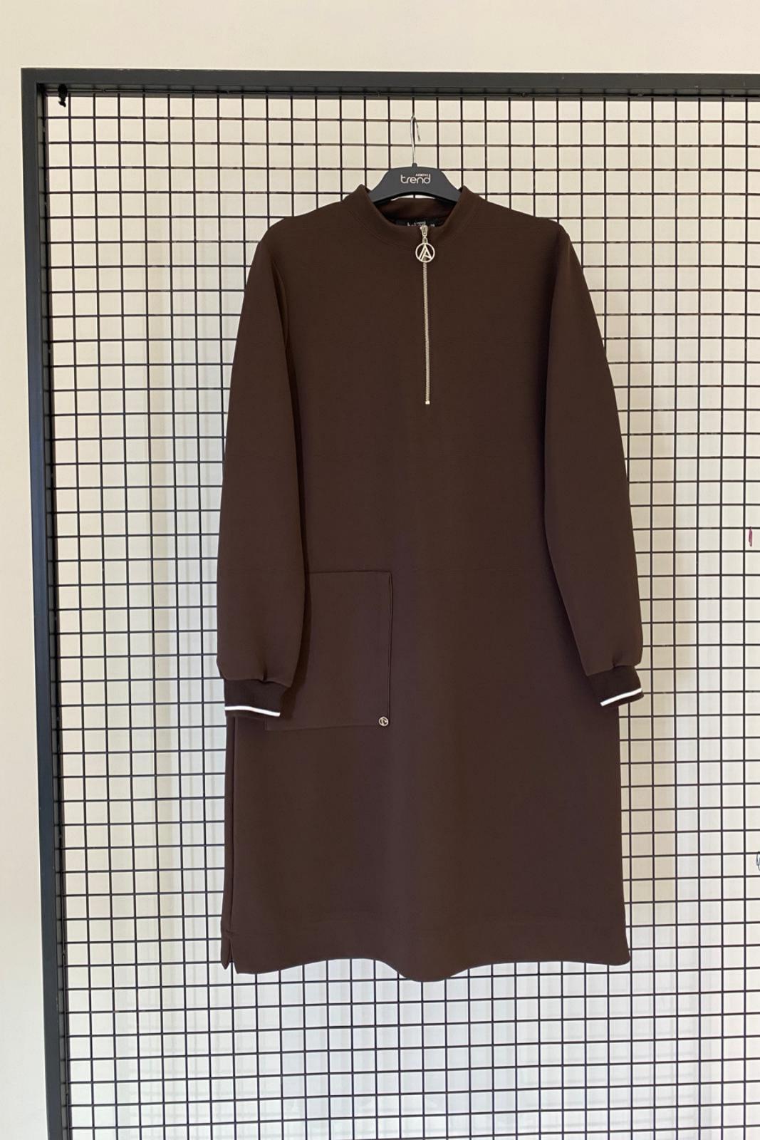 ARMİNE TREND Kolları Ribanalı Yarım Fermuarlı Tunik Kahverengi 24KT453