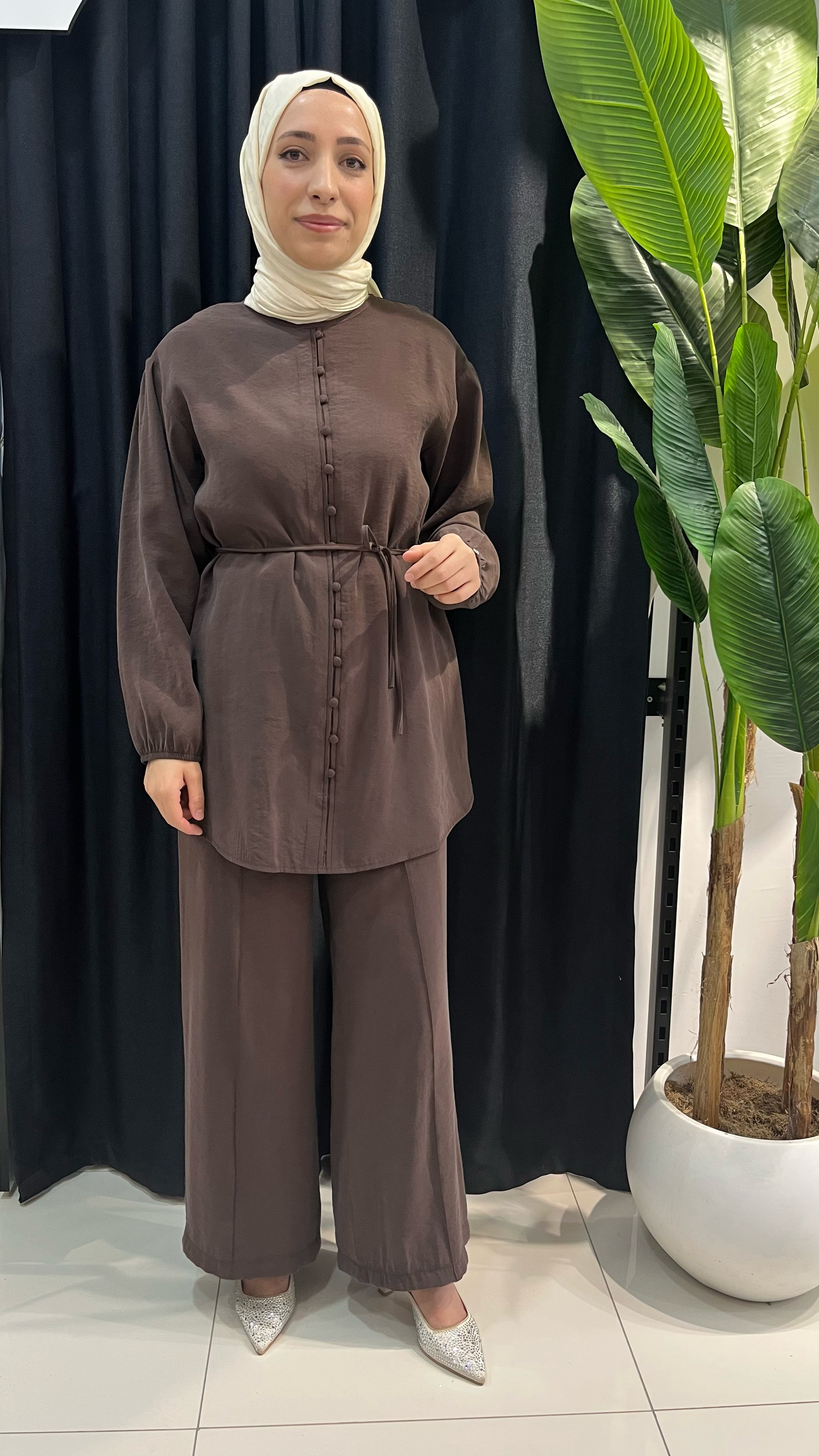 Armine Trend Pantolonlu Önü Düğmeli Takım 26YT678 - Kahverengi