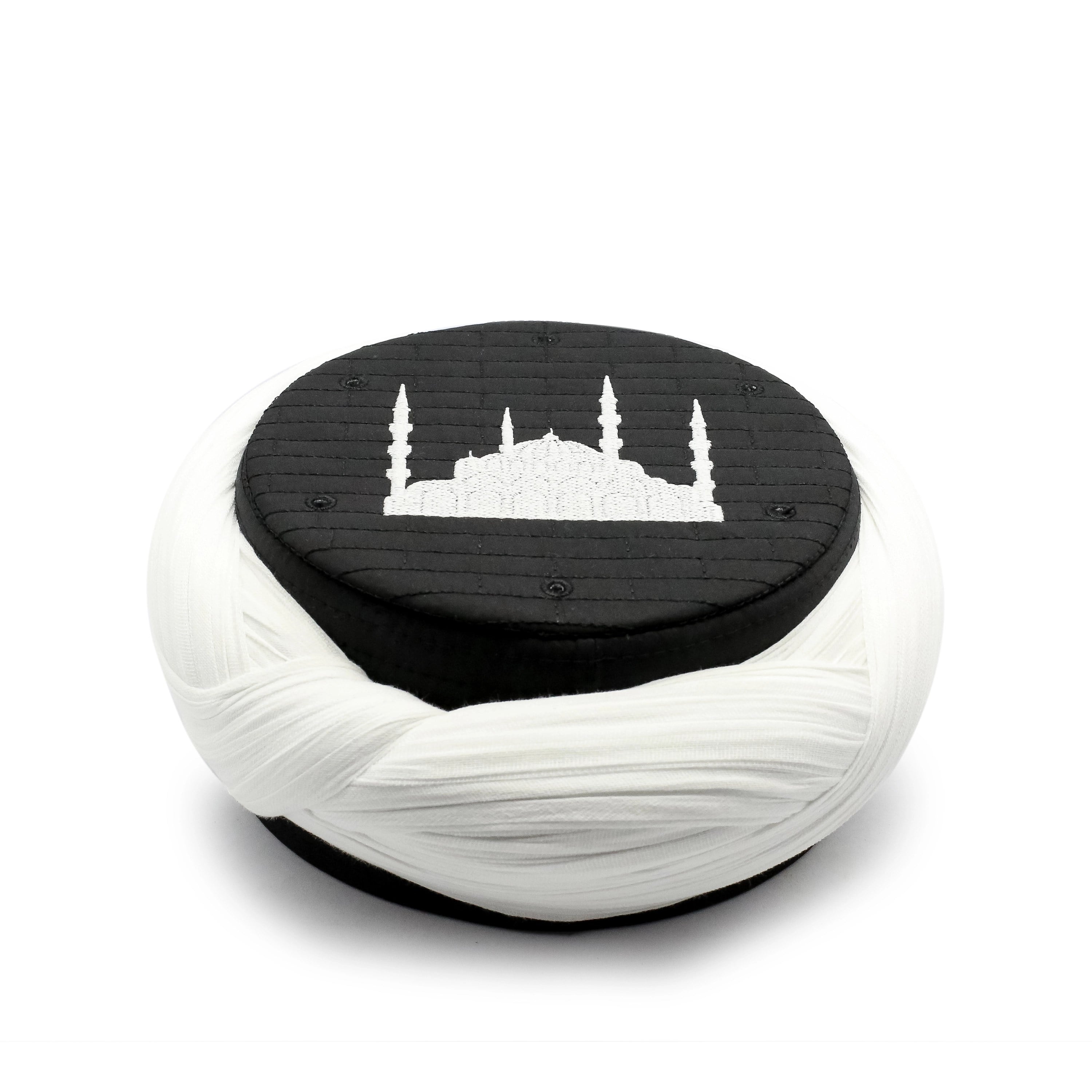 Cami Sarığı – Beyaz Kumaş – Siyah Takke – Çapraz Sarım – Cami Nakışlı – 7 Metre