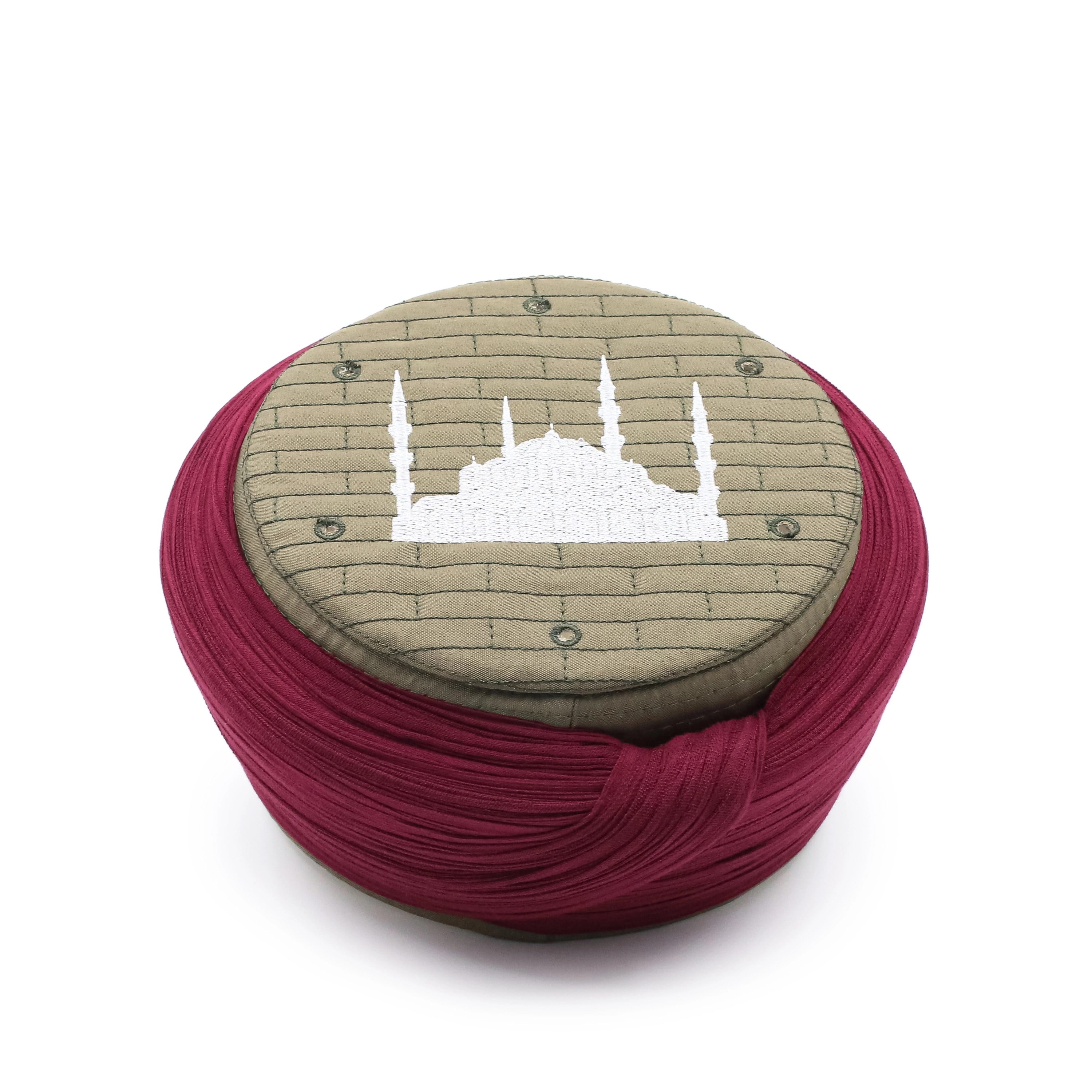 Cami Sarığı – Bordo Kumaş – Yeşil Takke – Yuvarlak Sarım – Cami Nakışlı – 7 Metre