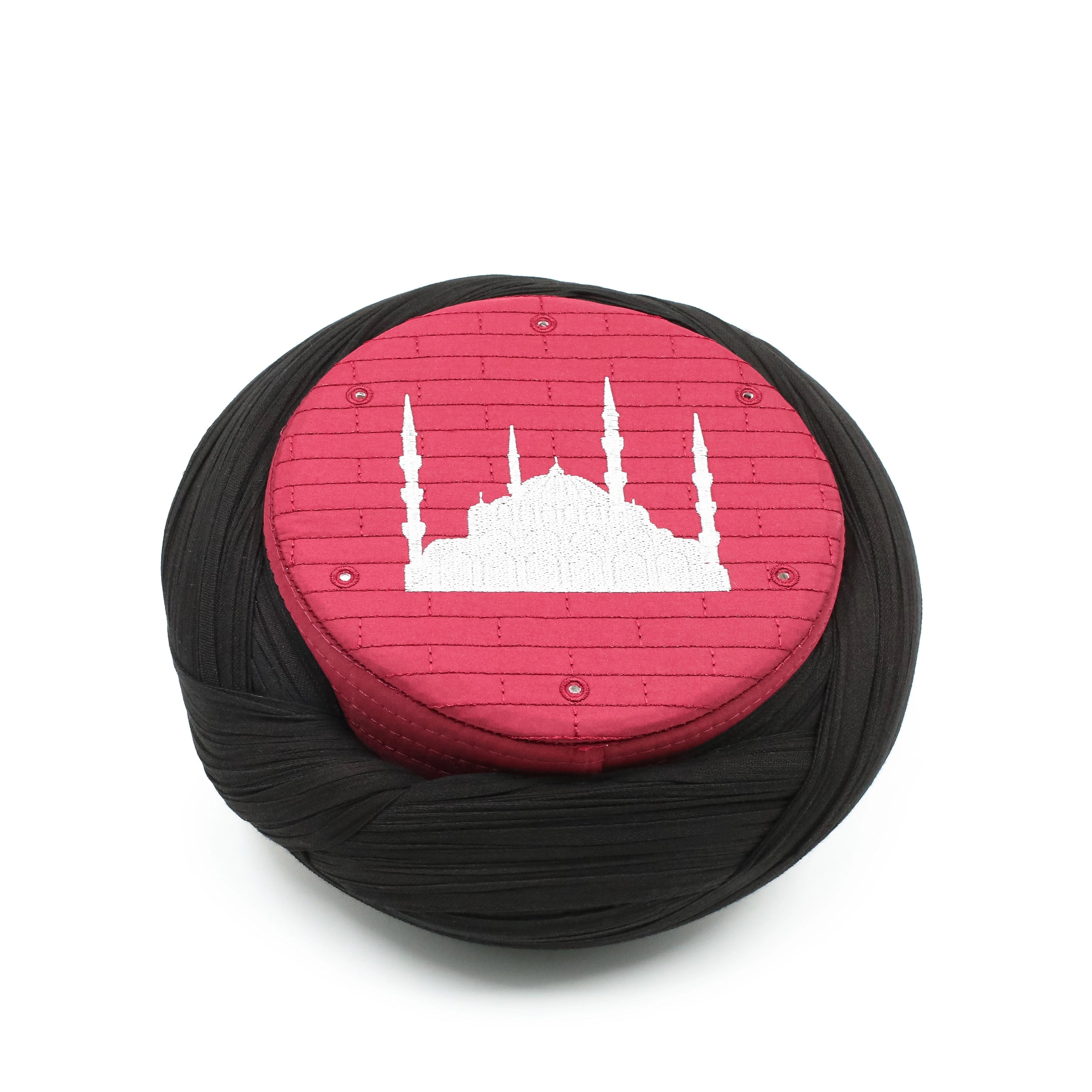 Cami Sarığı – Siyah Kumaş – Bordo Takke – Çapraz Sarım – Cami Nakışlı – 7 Metre