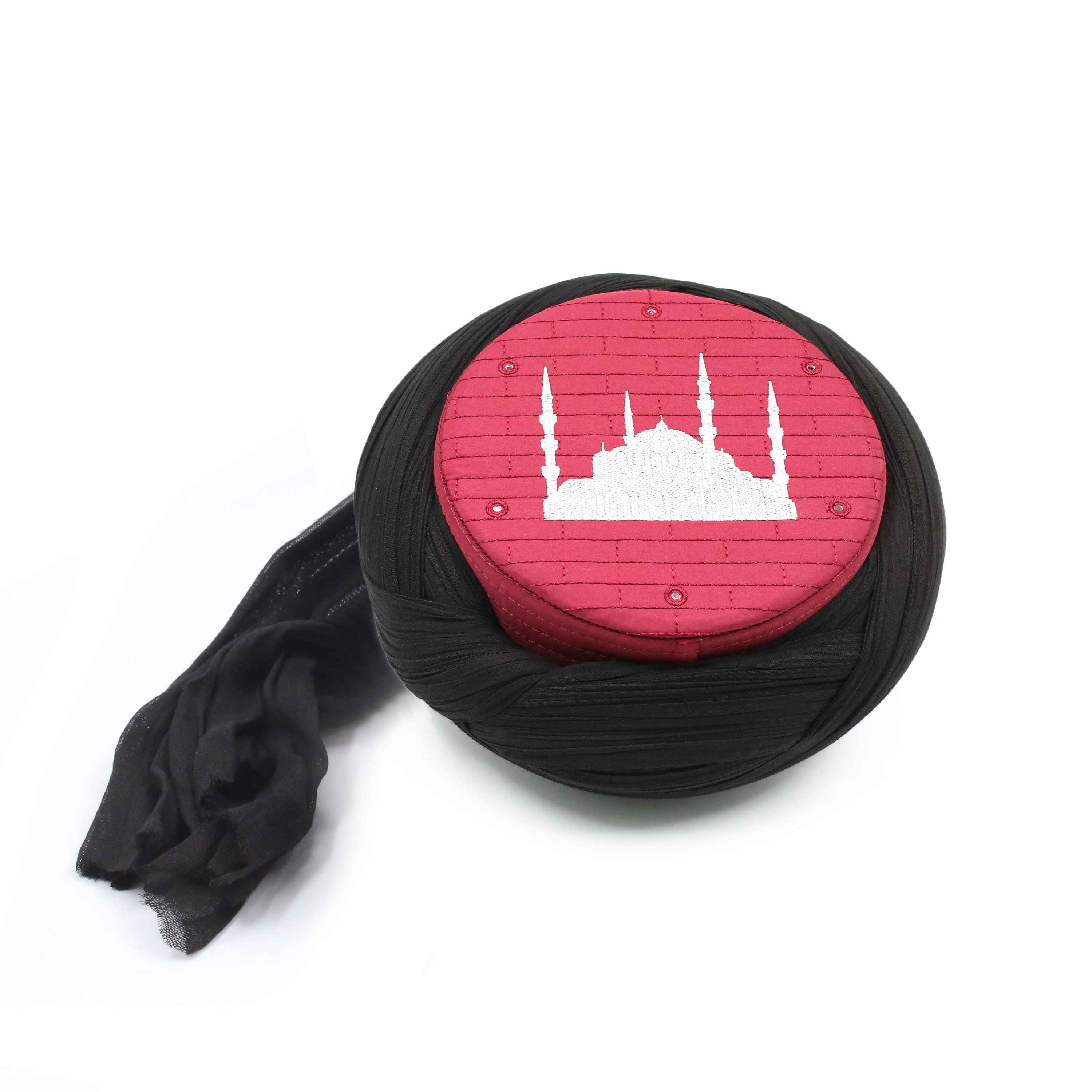 Cami Sarığı – Siyah Kumaş – Bordo Takke – Çapraz Sarım – Cami Nakışlı – 7 Metre – Züabeli