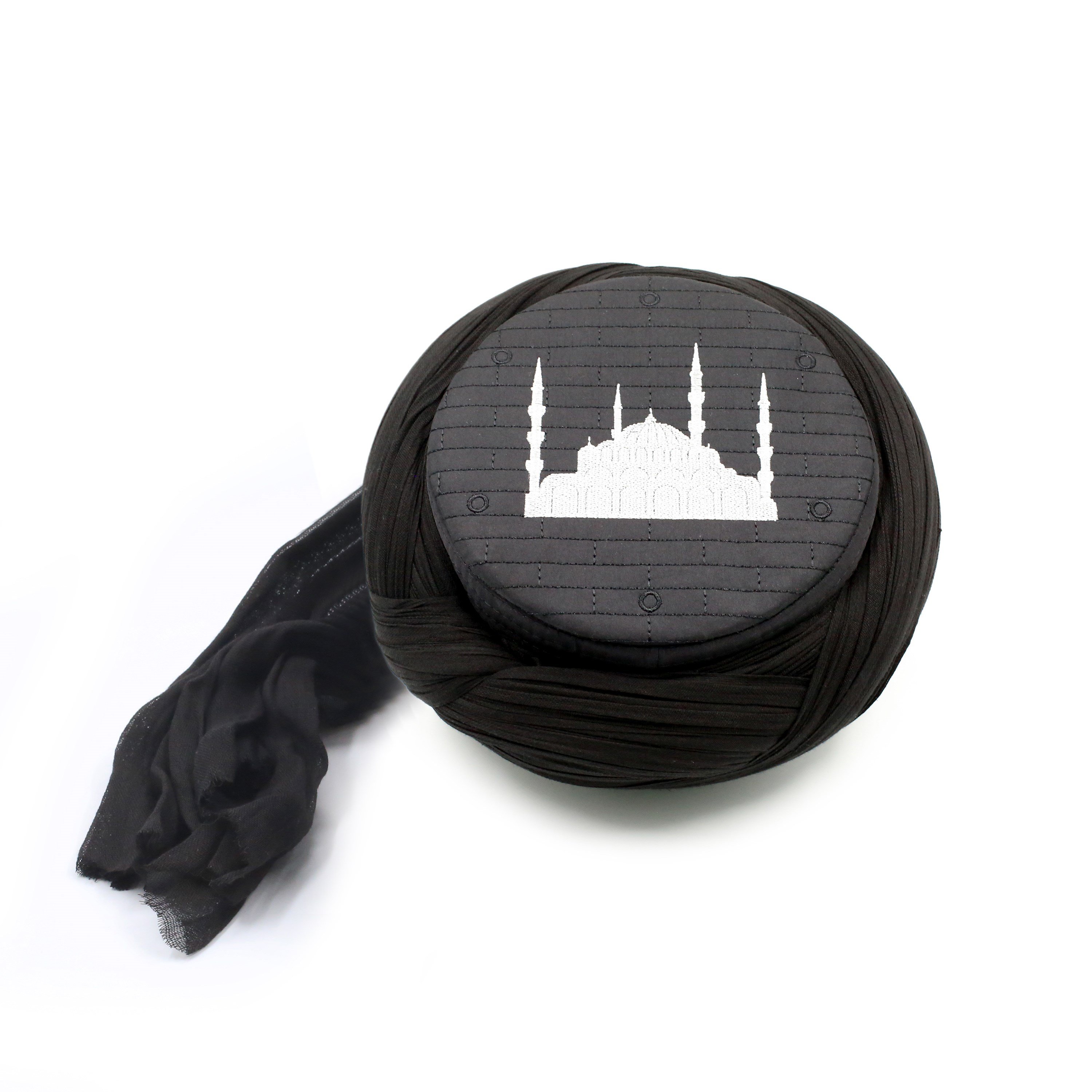 Cami Sarığı – Siyah Kumaş – Siyah Takke – Çapraz Sarım – Cami Nakışlı – 7 Metre – Züabeli