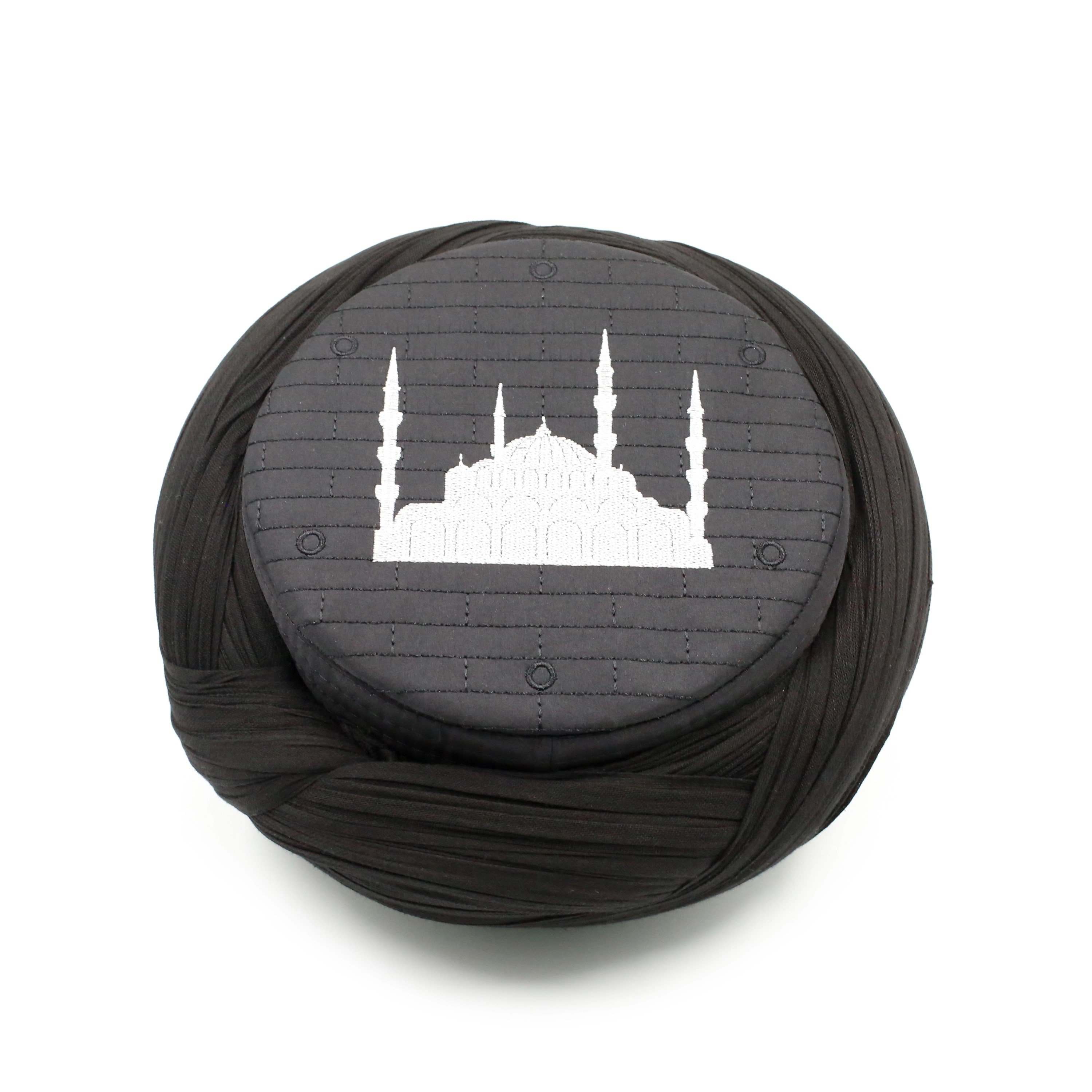 Cami Sarığı – Siyah Kumaş – Siyah Takke – Çapraz Sarım – Cami Nakışlı – 7 Metre