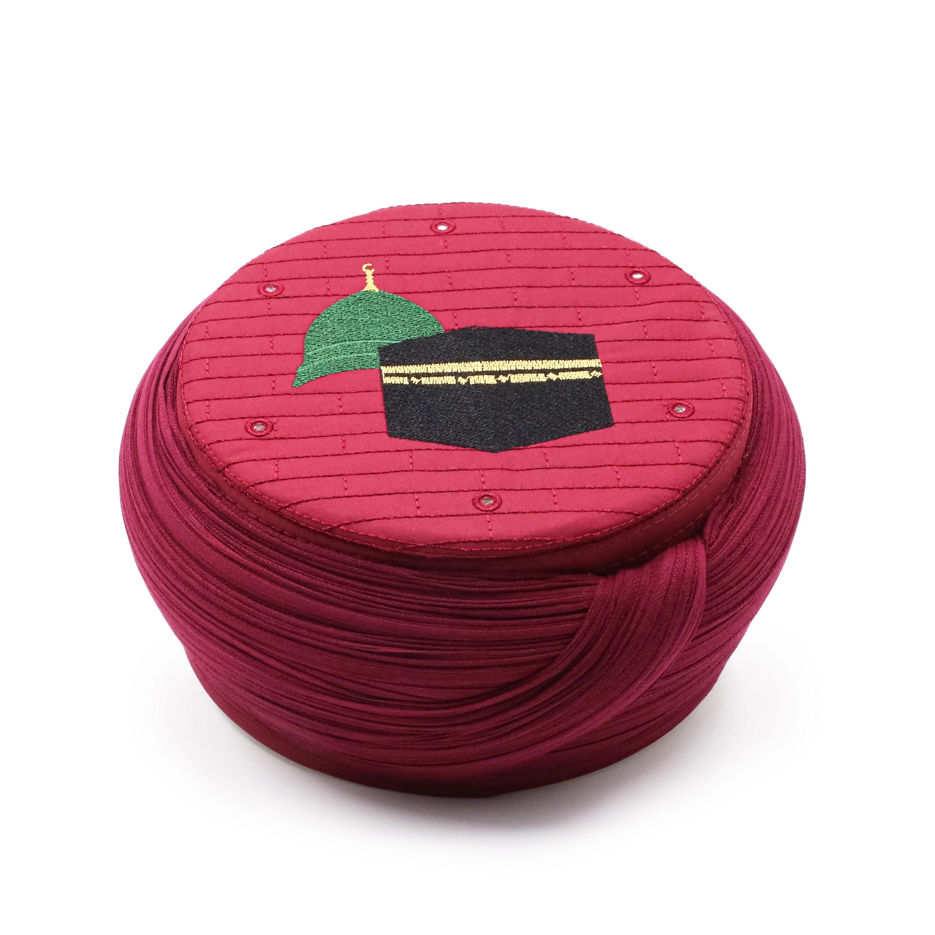 Hac Umre Sarığı – Bordo Kumaş – Bordo Takke – Yuvarlak Sarım – Mekke-Medine – 5 Metre