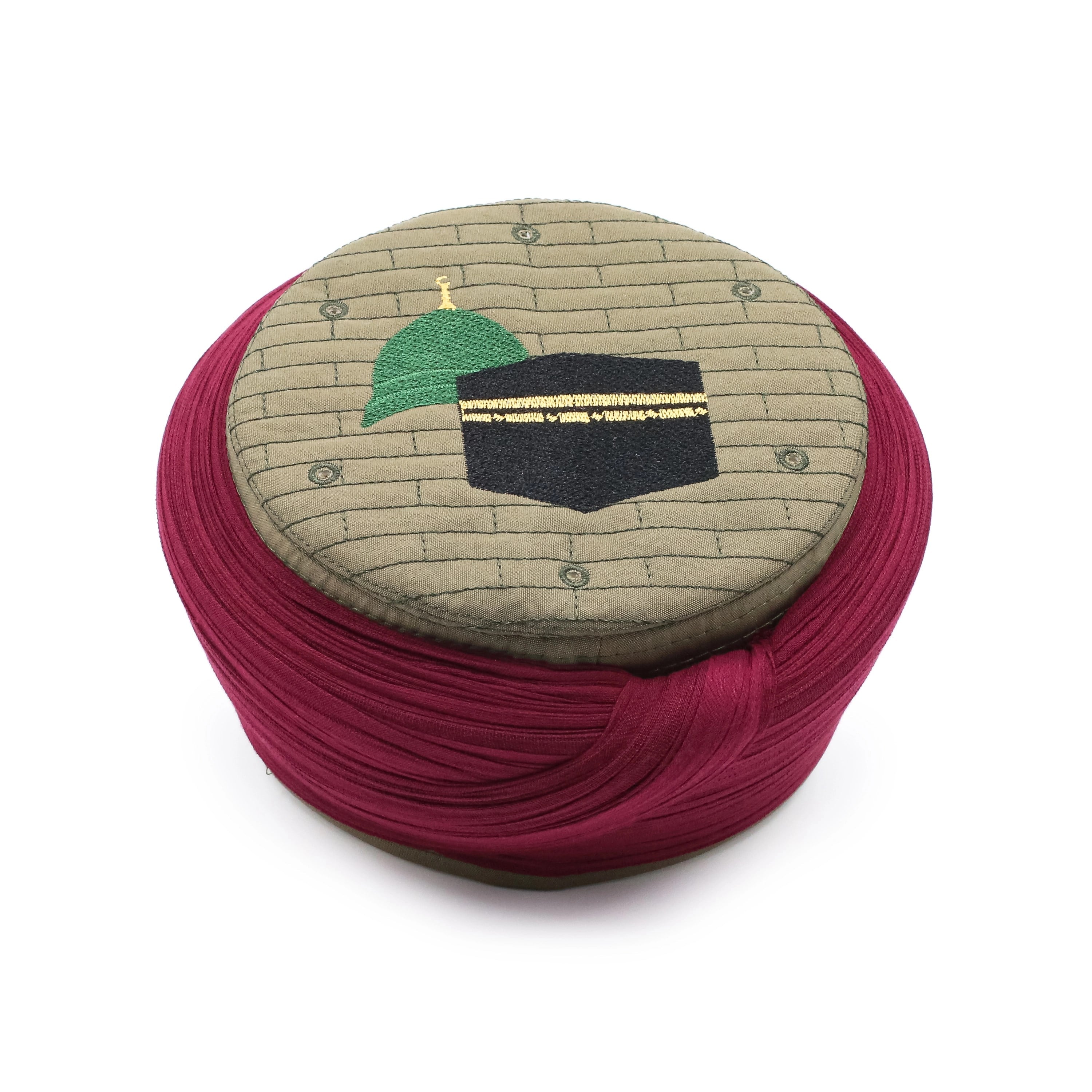 Hac Umre Sarığı – Bordo Kumaş –YeşilTakke – Düz Sarım – Mekke-Medine – 7 Metre