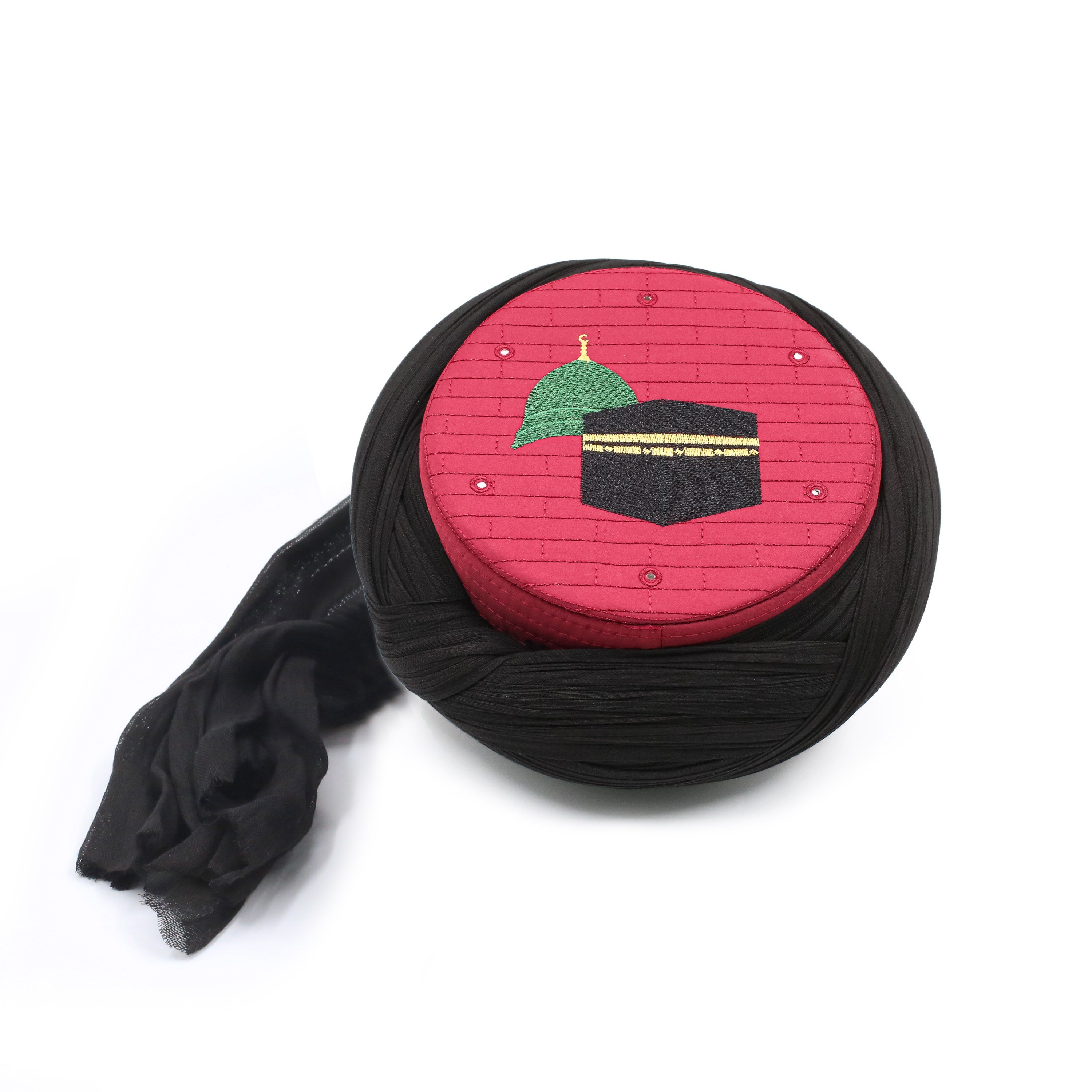 Hac Umre Sarığı – Siyah Kumaş – Bordo Takke – Çapraz Sarım – Mekke-Medine – 7 Metre – Züabeli
