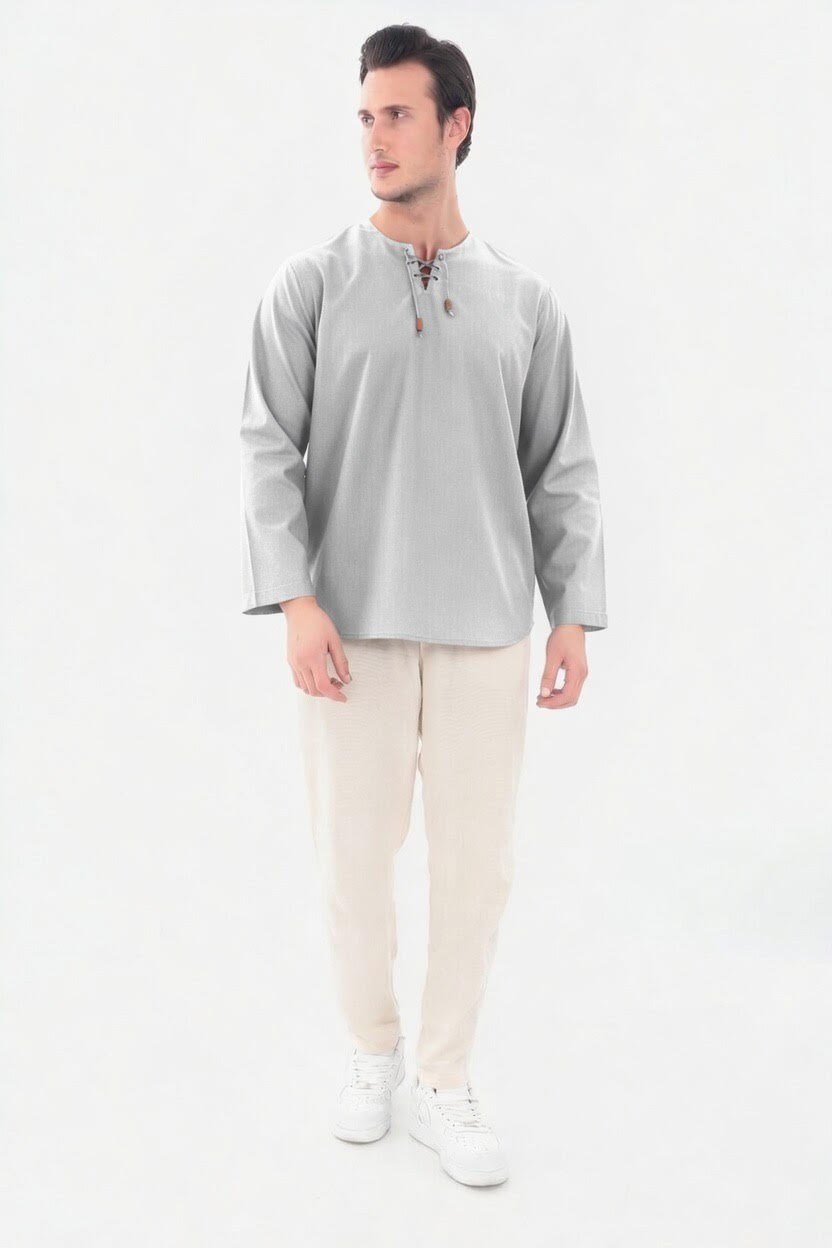 Oversize Erkek Gömlek – İpli Yakasız %100 Pamuk-GriOversize Erkek Gömlek – İpli Yakasız %100 Pamuk GOMLEKİP-01OVERSİZE GÖMLEK İPLİSUFFA