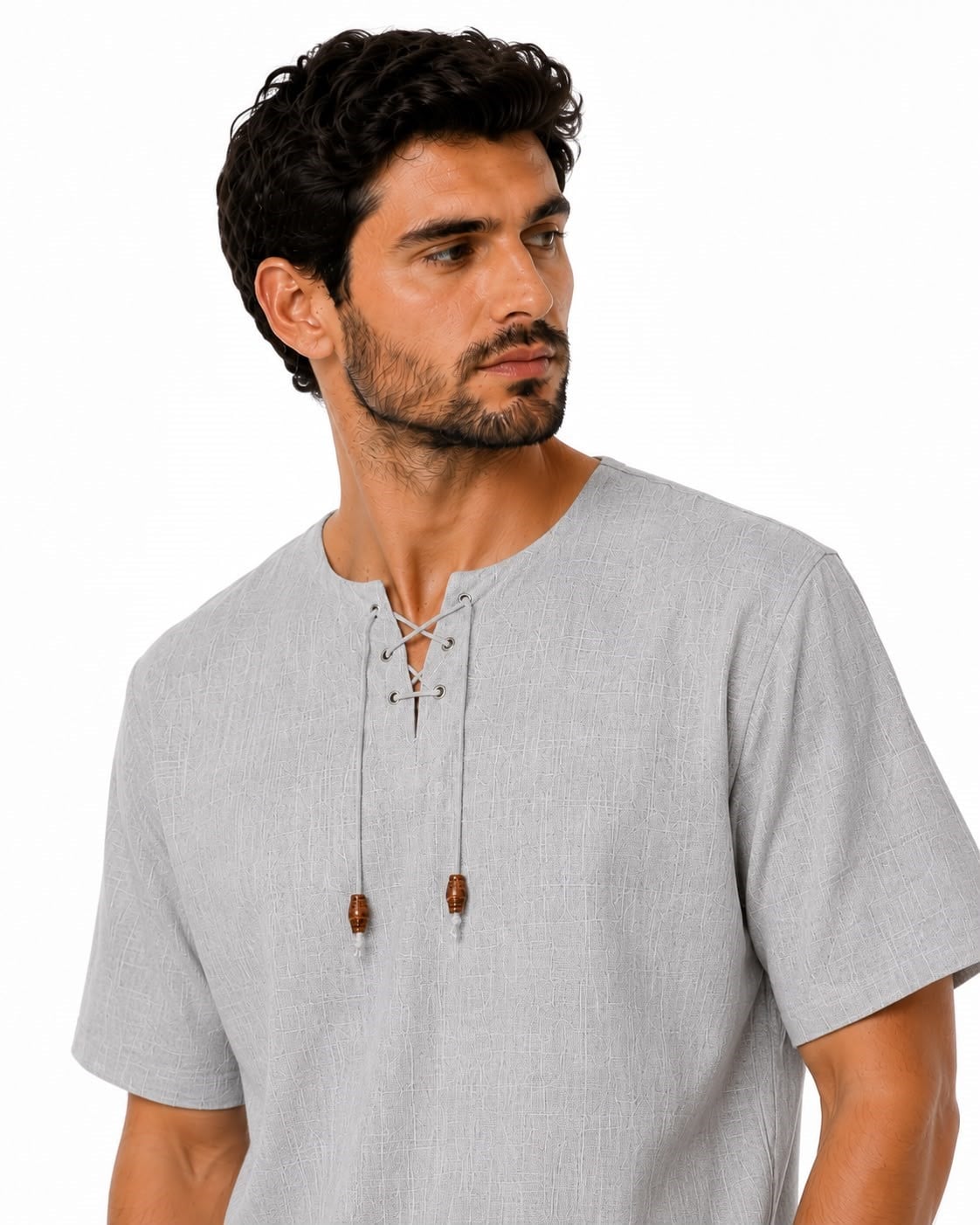 Oversize Erkek Tişört – İpli kısa kol Yakasız %100 Pamuk-GriOversize Erkek Gömlek – İpli Yakasız %100 Pamuk GOMLEKİP-01OVERSİZE GÖMLEK İPLİSUFFA