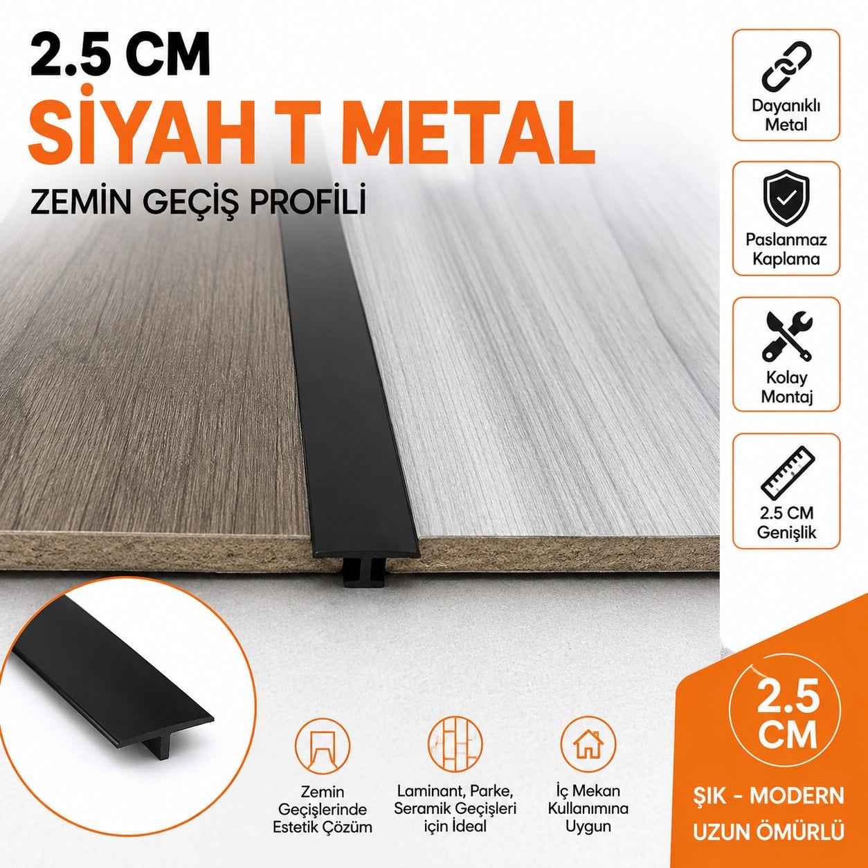  Parke Geçiş Siyah Alüminyum Kapı Eşiği T Profil 2.5 Mm 80 Cm 