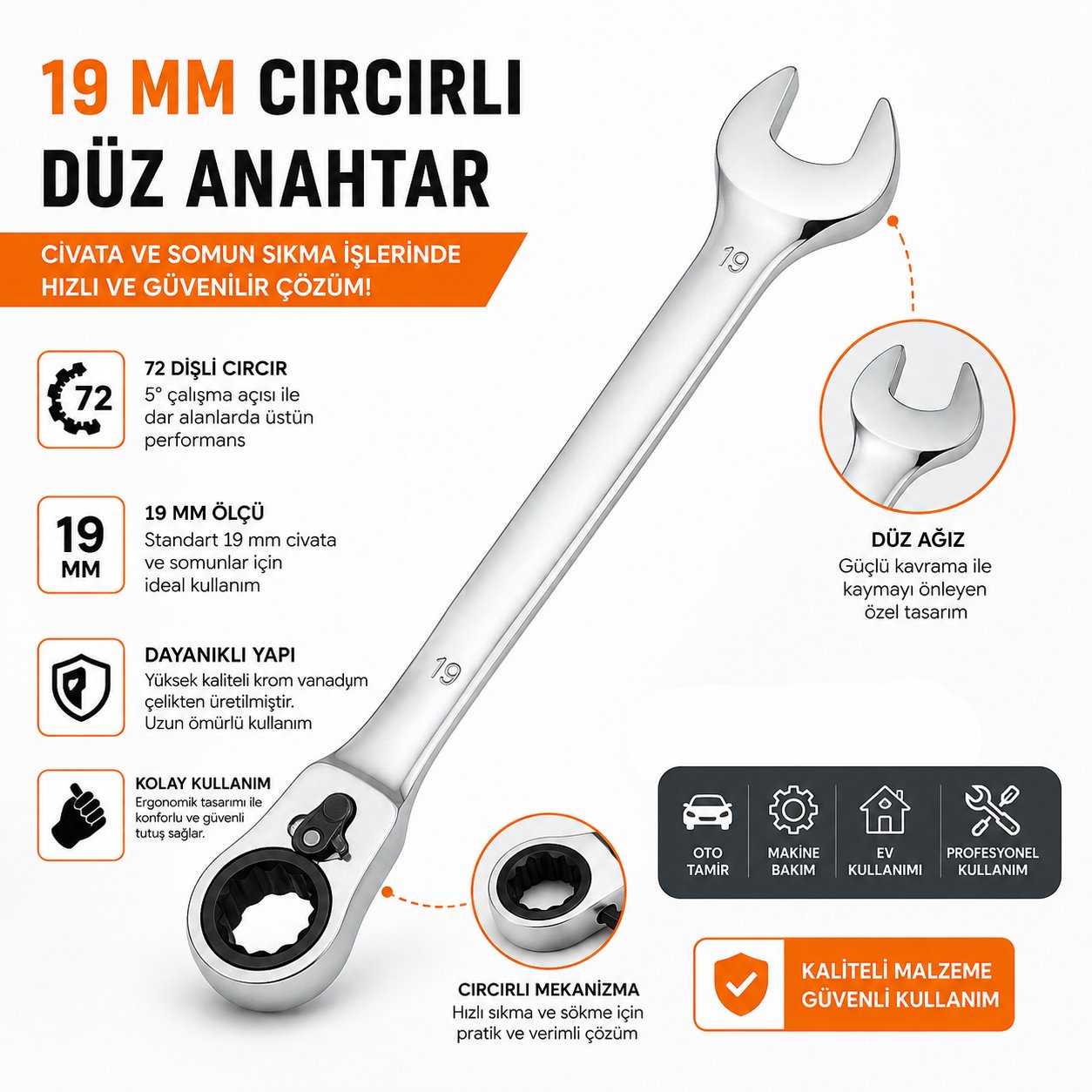 Cırcır Anahtar 19 Mm Profesyonel El Aleti Çift Yönlü Lokma Anahtar 