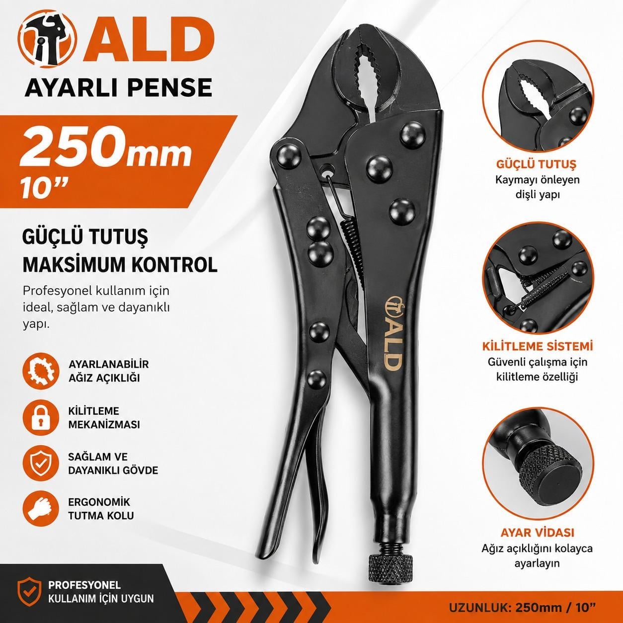 Siyah Ayarlı Pense 250 mm Ayarlanabilir Kilitli Pense Profesyonel 
