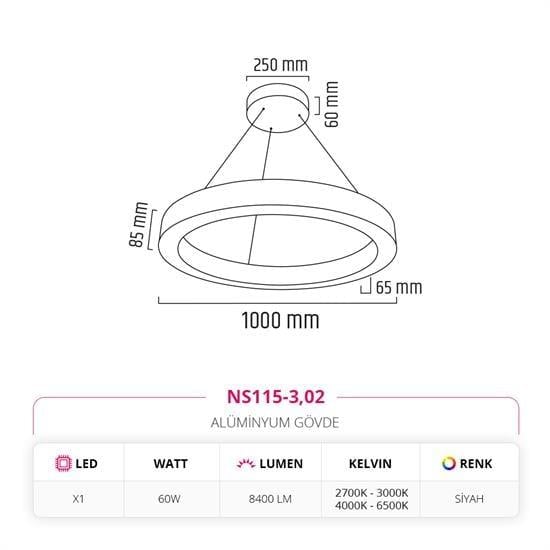 Nevo 100 cm Ledli Yuvarlak Simit Linear Sarkıt Siyah NS115-3
