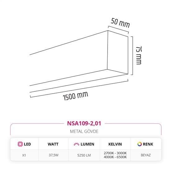 Nevo 150 cm Linear Sıva Üstü Armatür Beyaz NSA109-2