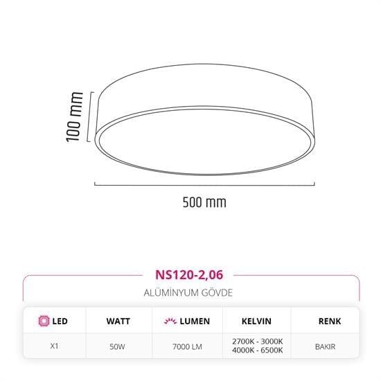 Nevo 50 Cm Sıva Üstü Ledli Tavan Armatürü Bakır NS120-2
