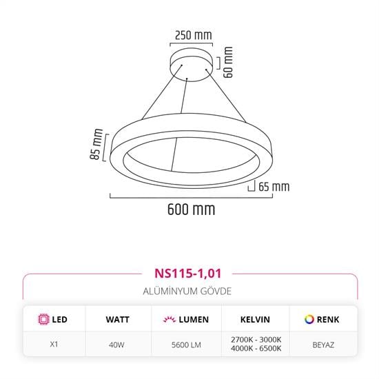 Nevo 60 cm Ledli Yuvarlak Simit Linear Sarkıt Beyaz NS115-1