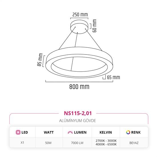 Nevo 80 cm Ledli Yuvarlak Simit Linear Sarkıt Beyaz NS115-2