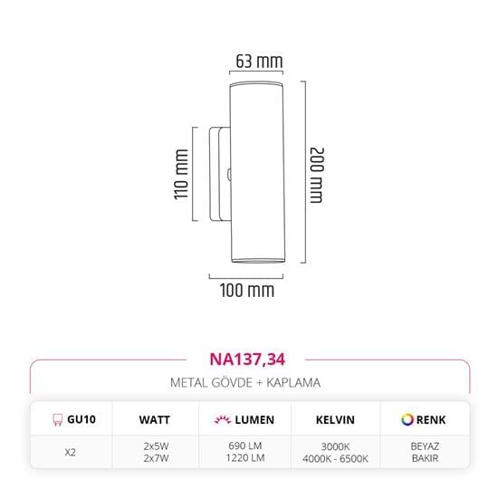 Nevo Çift Yönlü İç Mekan Aplik Beyaz Bakır NA137