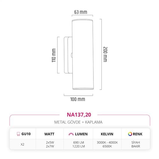 Nevo Çift Yönlü İç Mekan Aplik Siyah Bakır NA137